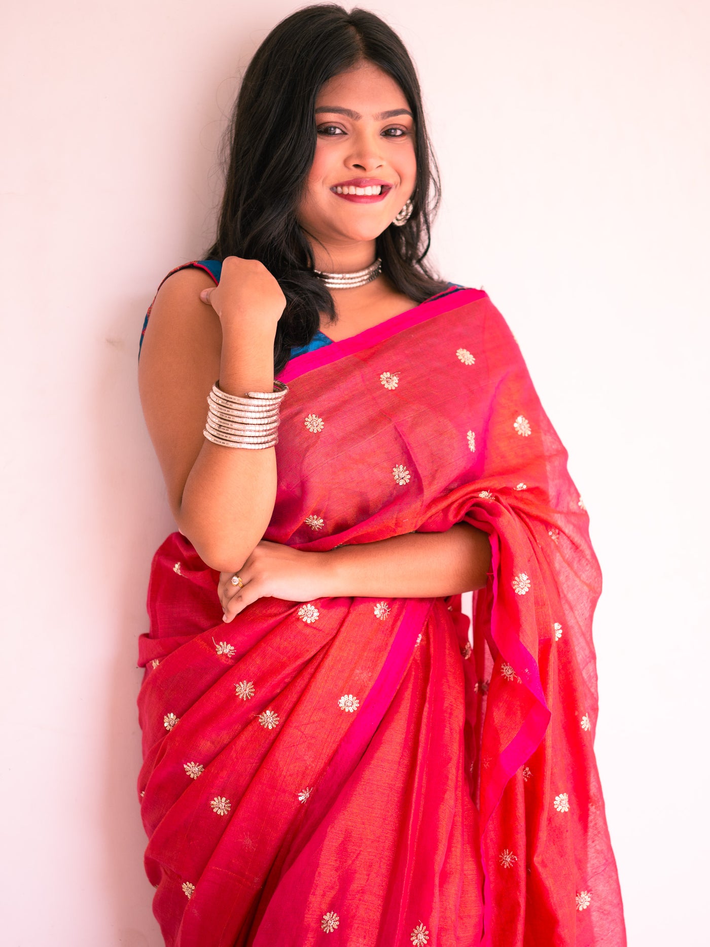 Red Velvet Bloom Embroidered Tissue Saree - Uttariya