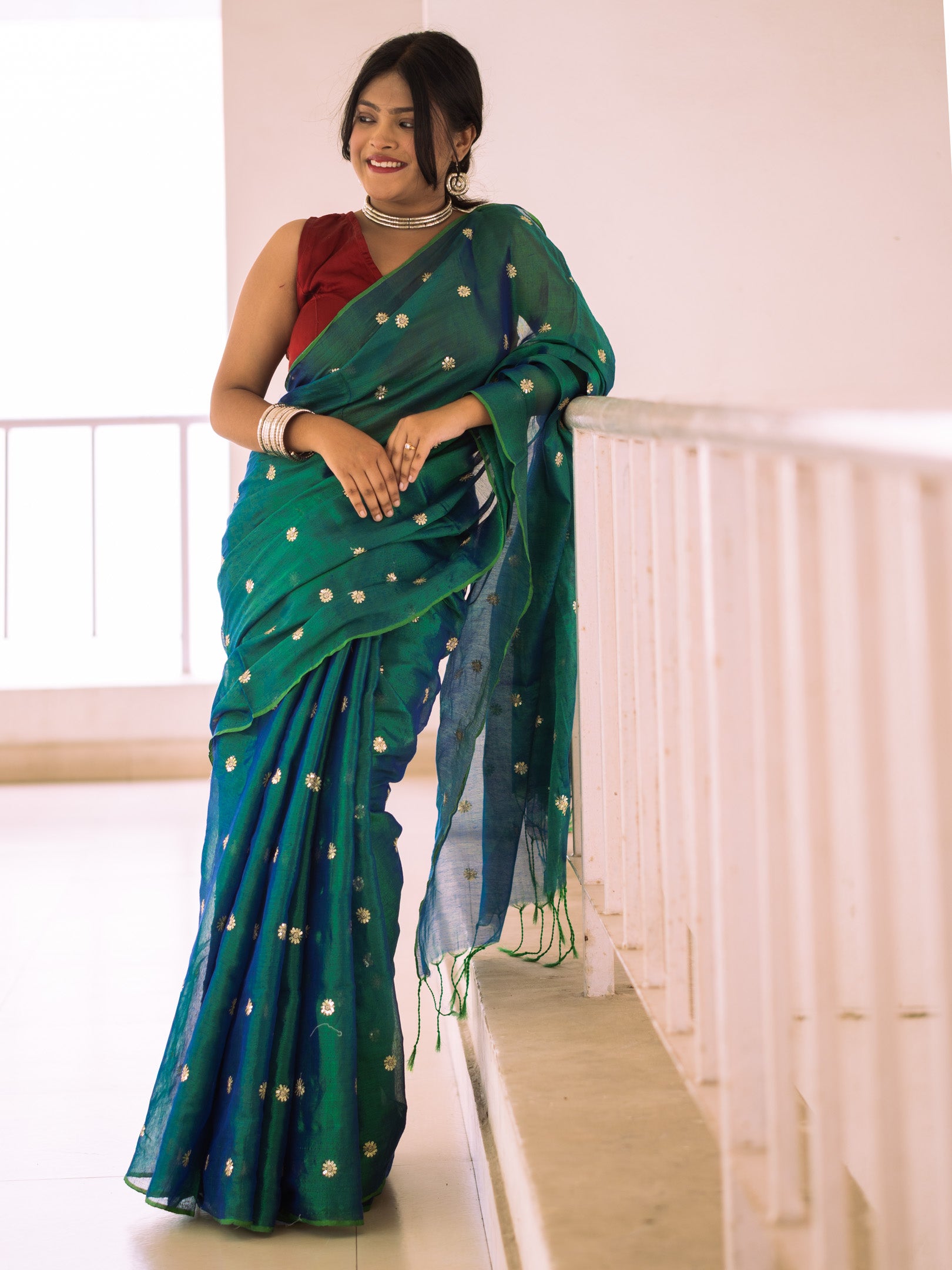 Blue Floral Embroidered Tissue Saree