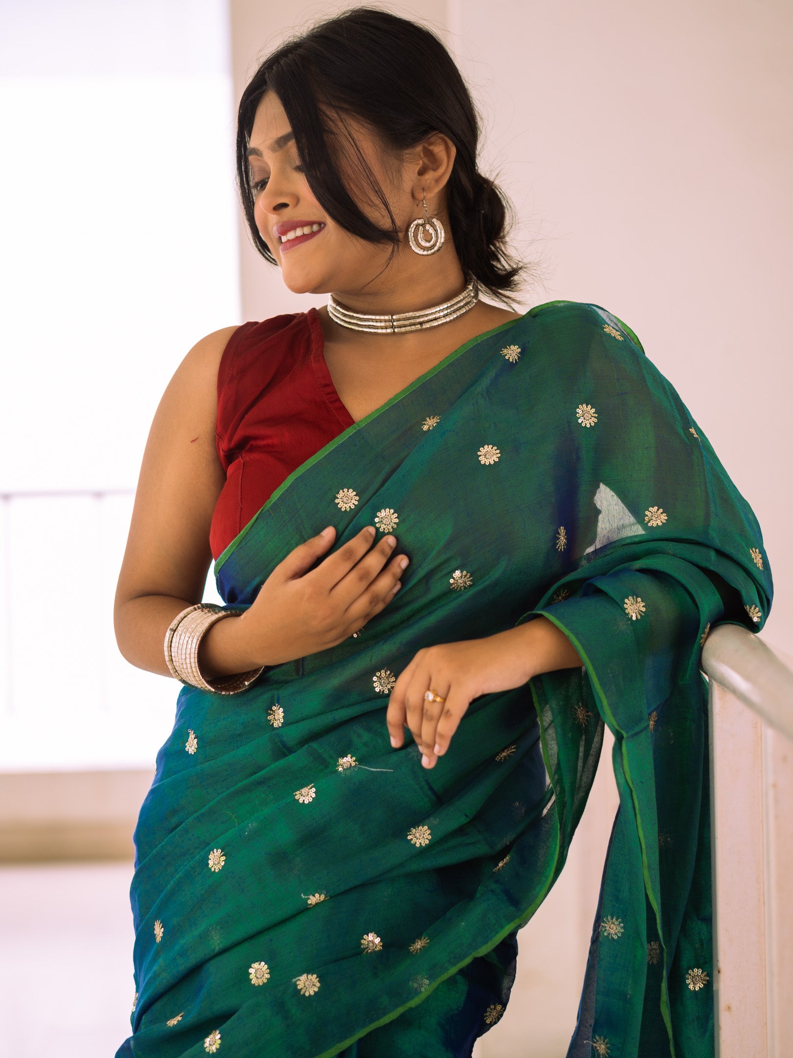 Blue Floral Embroidered Tissue Saree