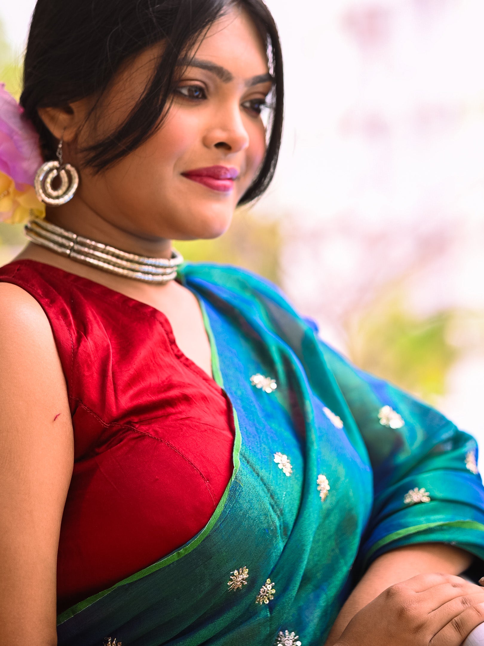 Blue Floral Embroidered Tissue Saree