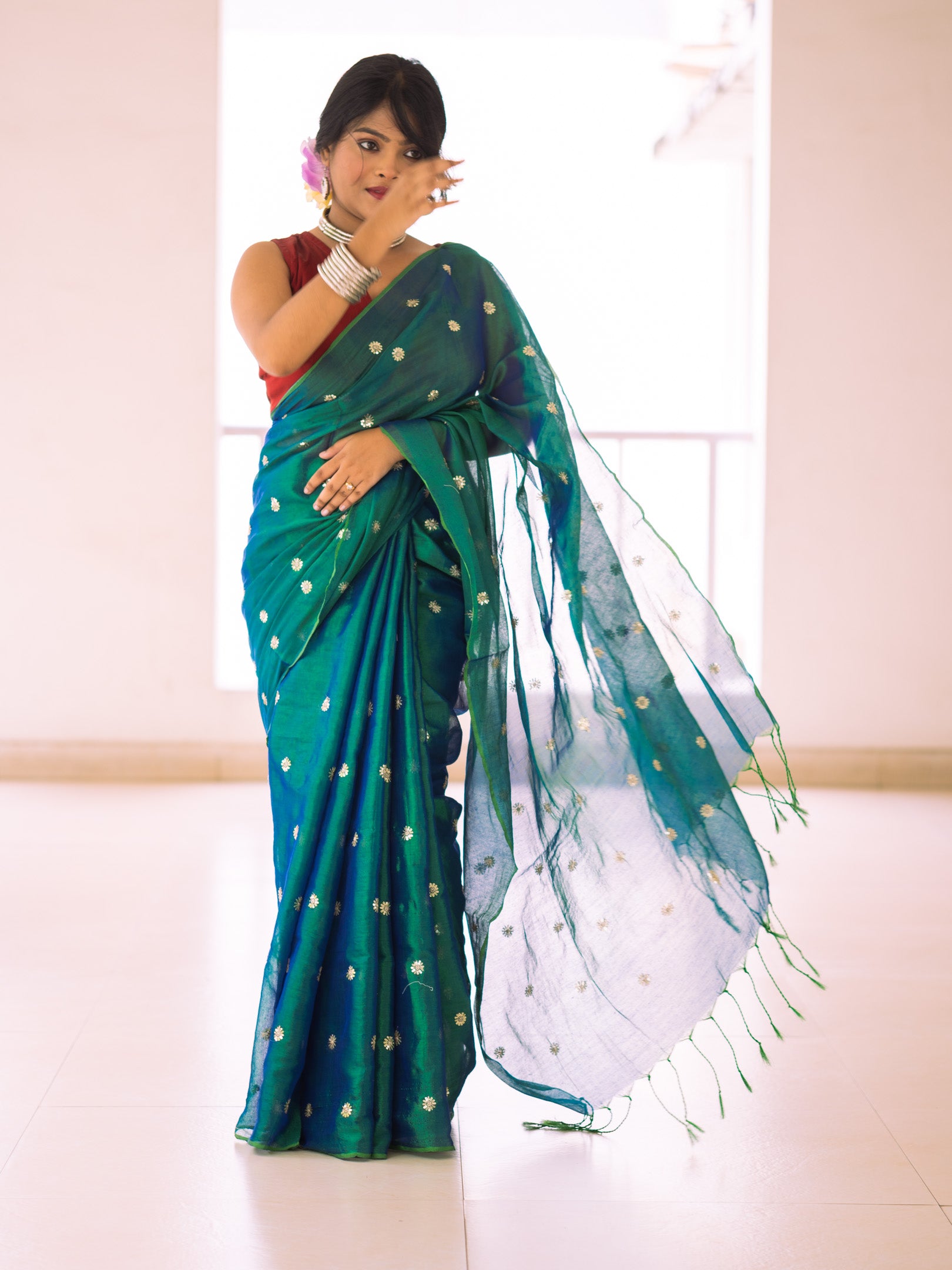 Blue Floral Embroidered Tissue Saree