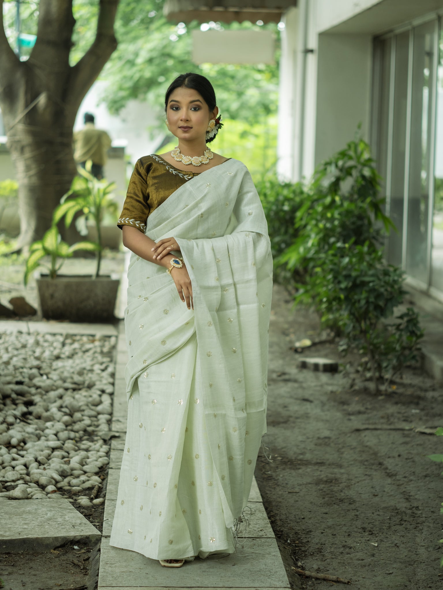 White Bloom Mint Tissue Saree