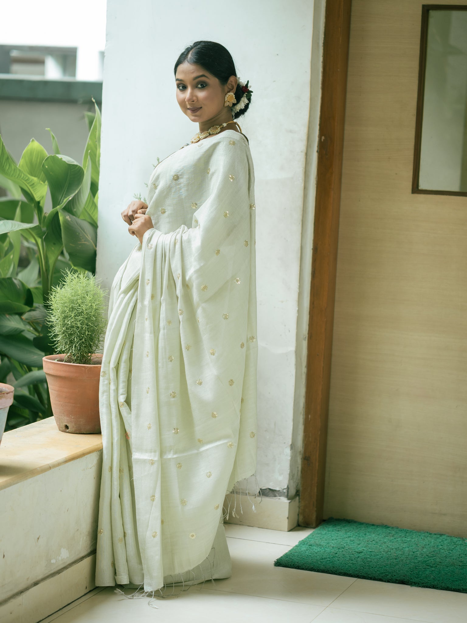 White Bloom Mint Tissue Saree