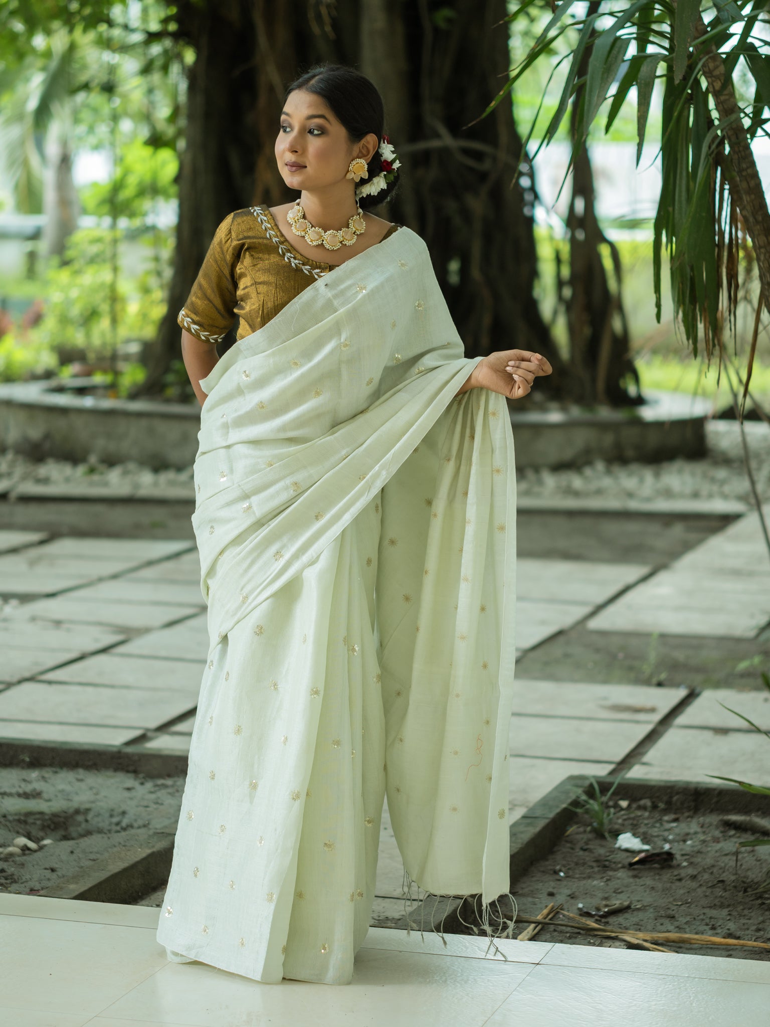 White Bloom Mint Tissue Saree