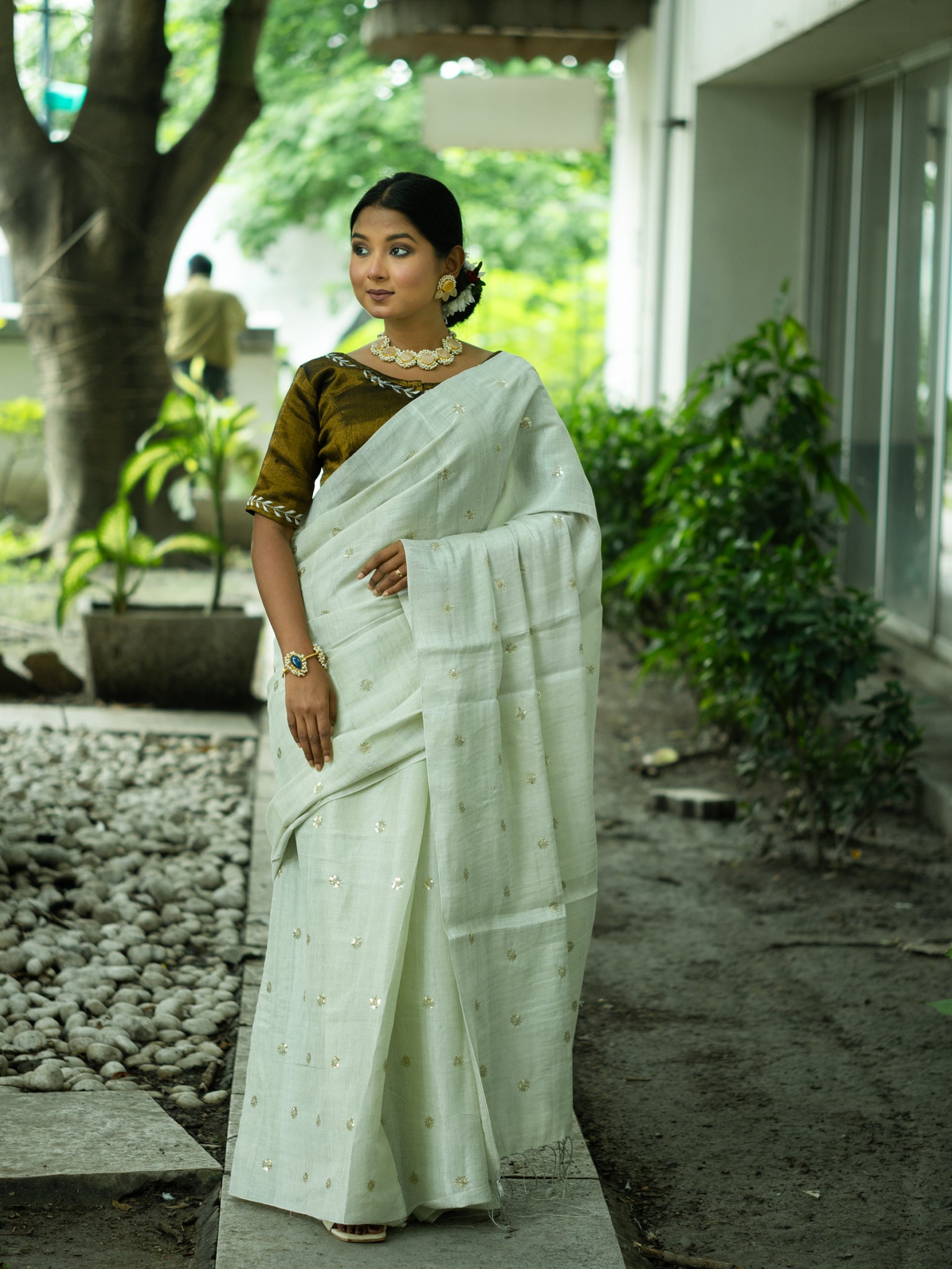 White Bloom Mint Tissue Saree