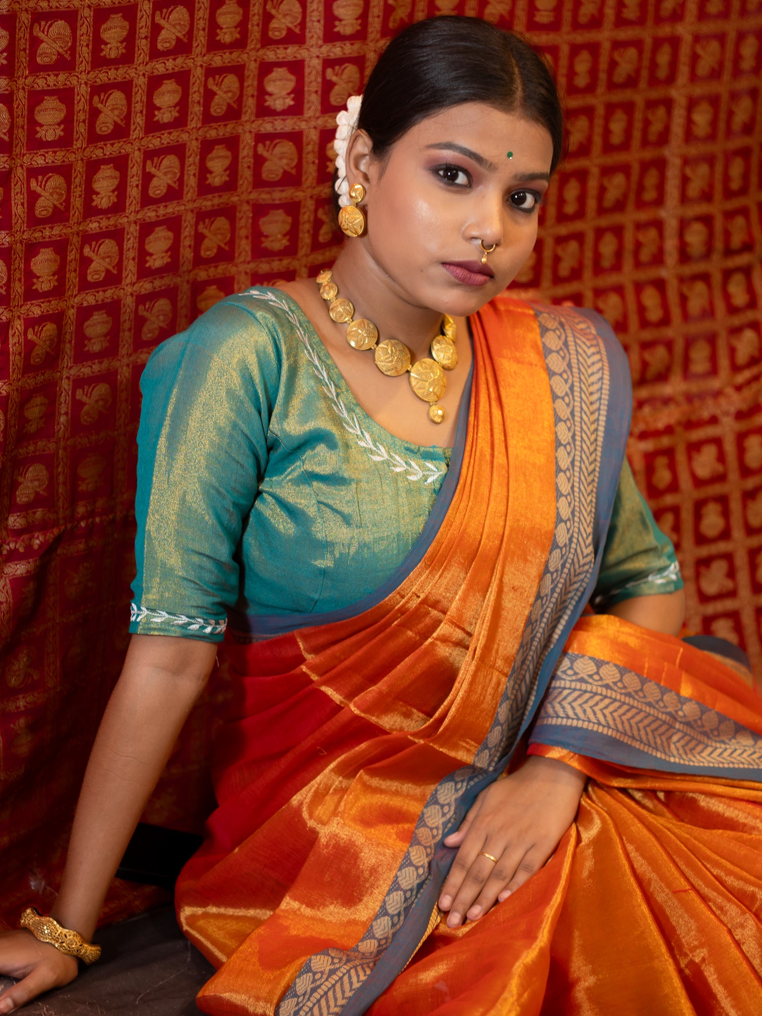 Rich Orange Tissue Saree