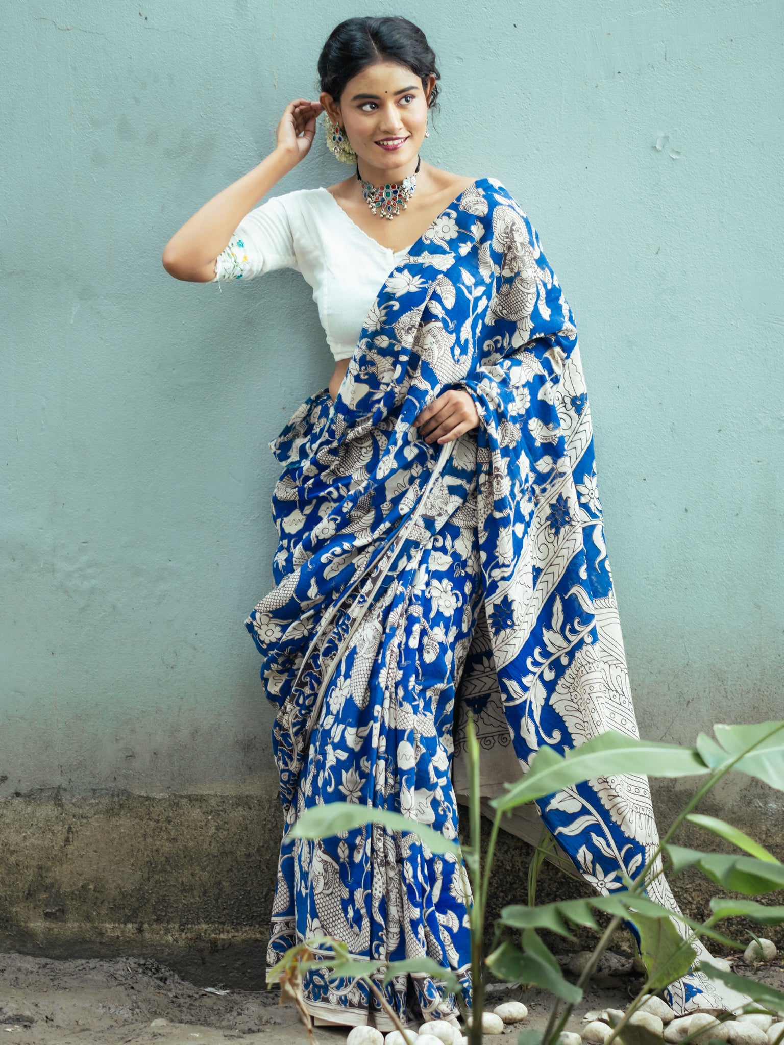 Midnight Kantha Kalamkari Cotton Saree