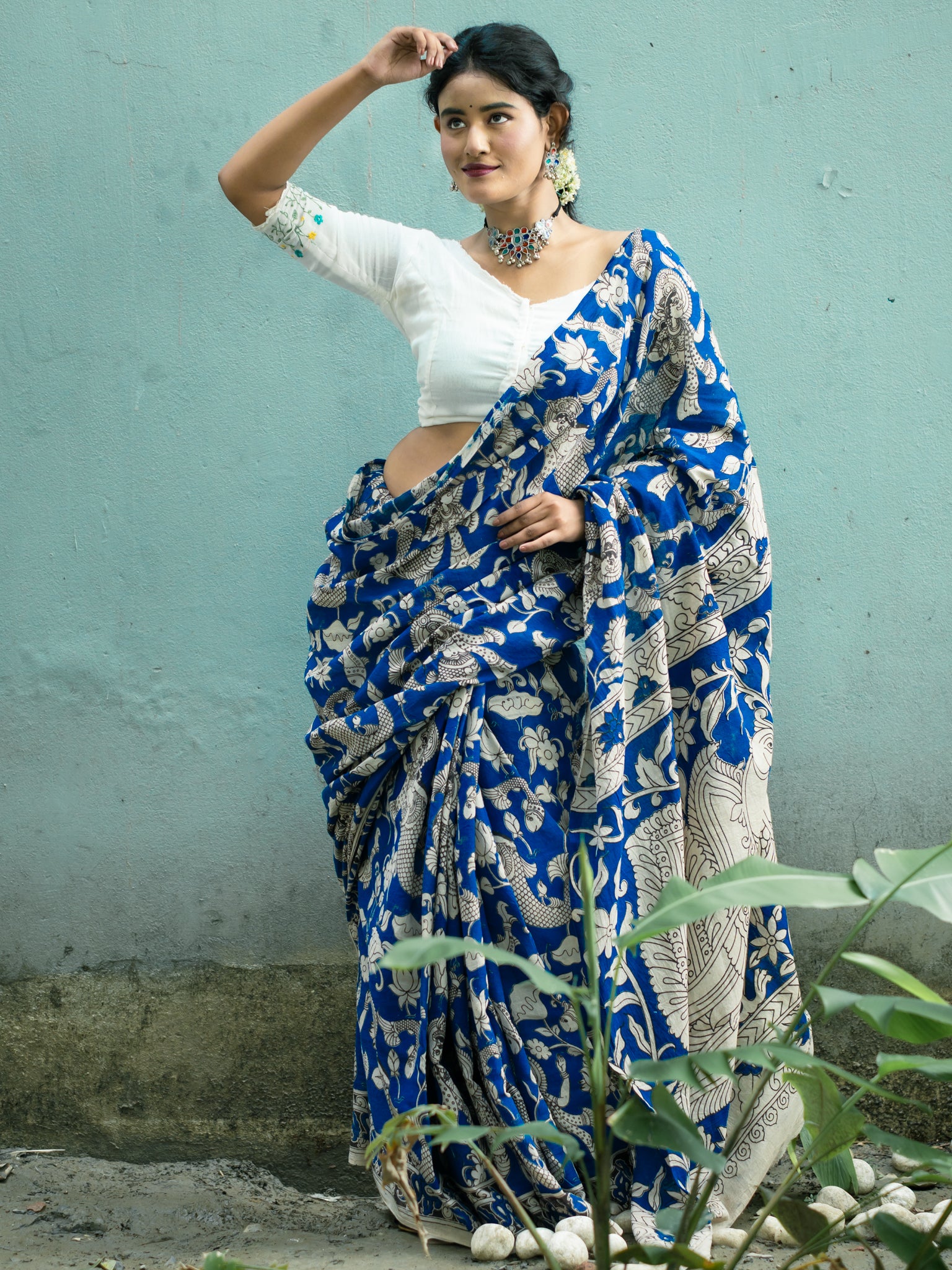 Midnight Kantha Kalamkari Cotton Saree