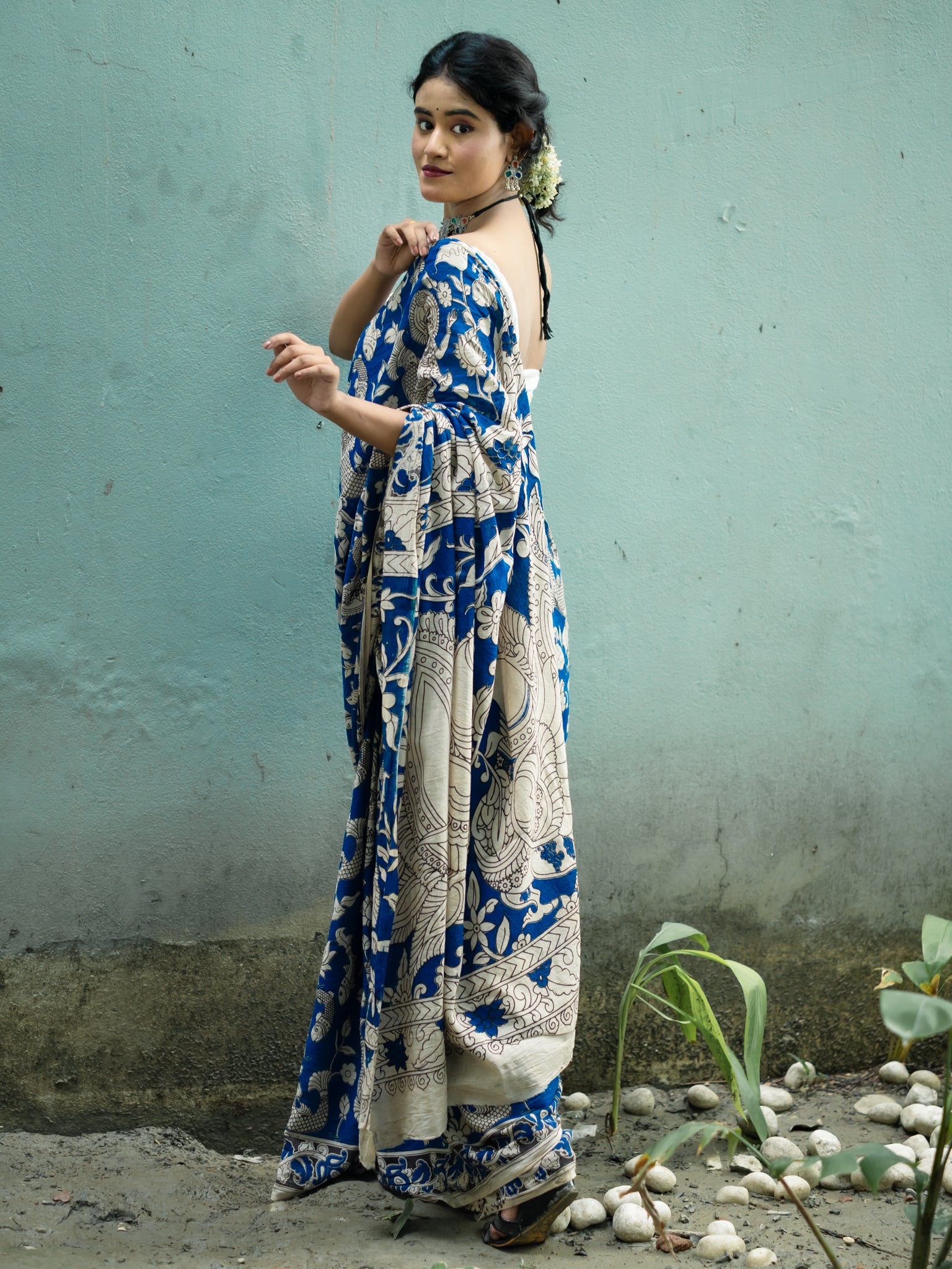 Midnight Kantha Kalamkari Cotton Saree