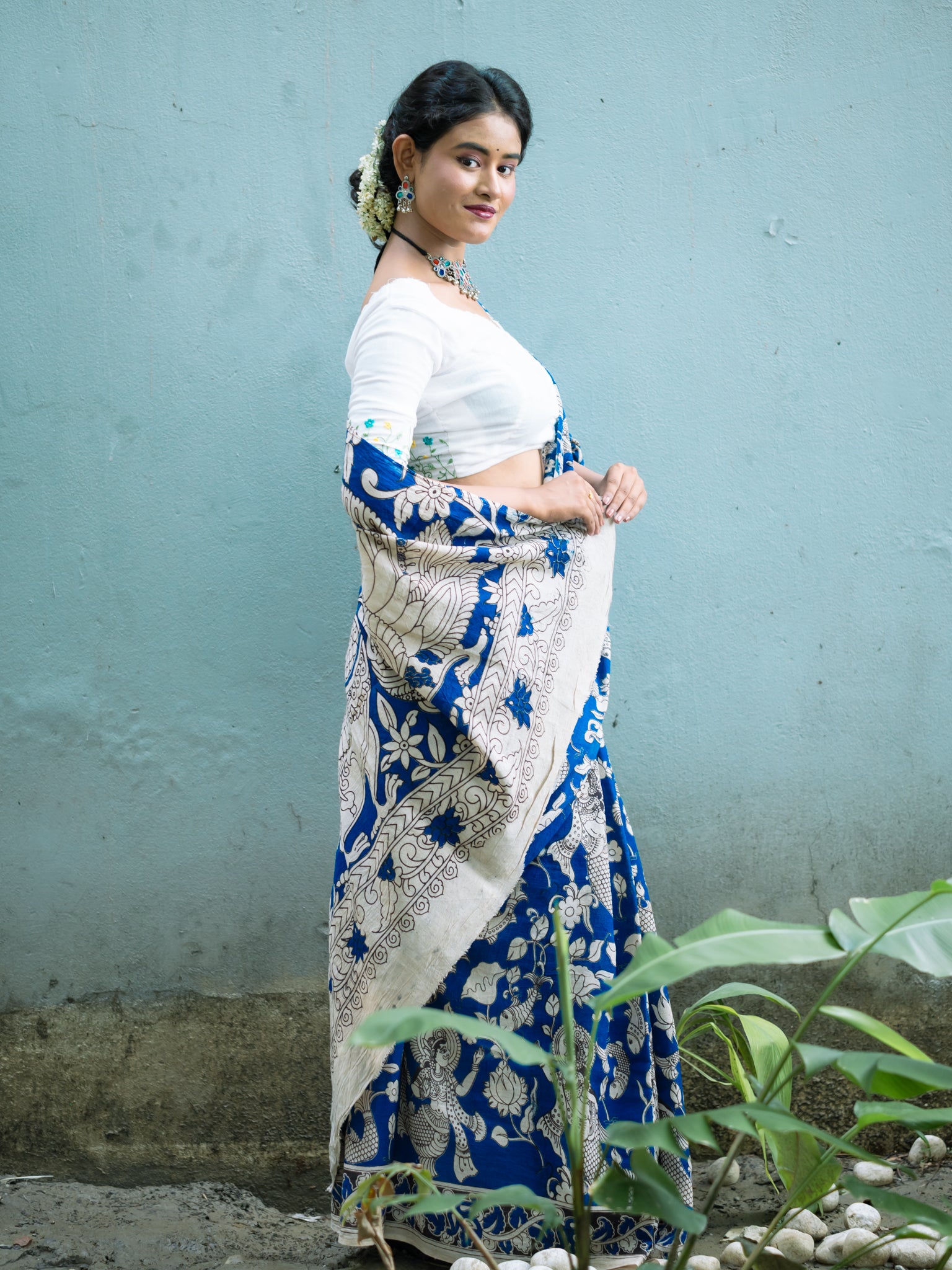 Midnight Kantha Kalamkari Cotton Saree
