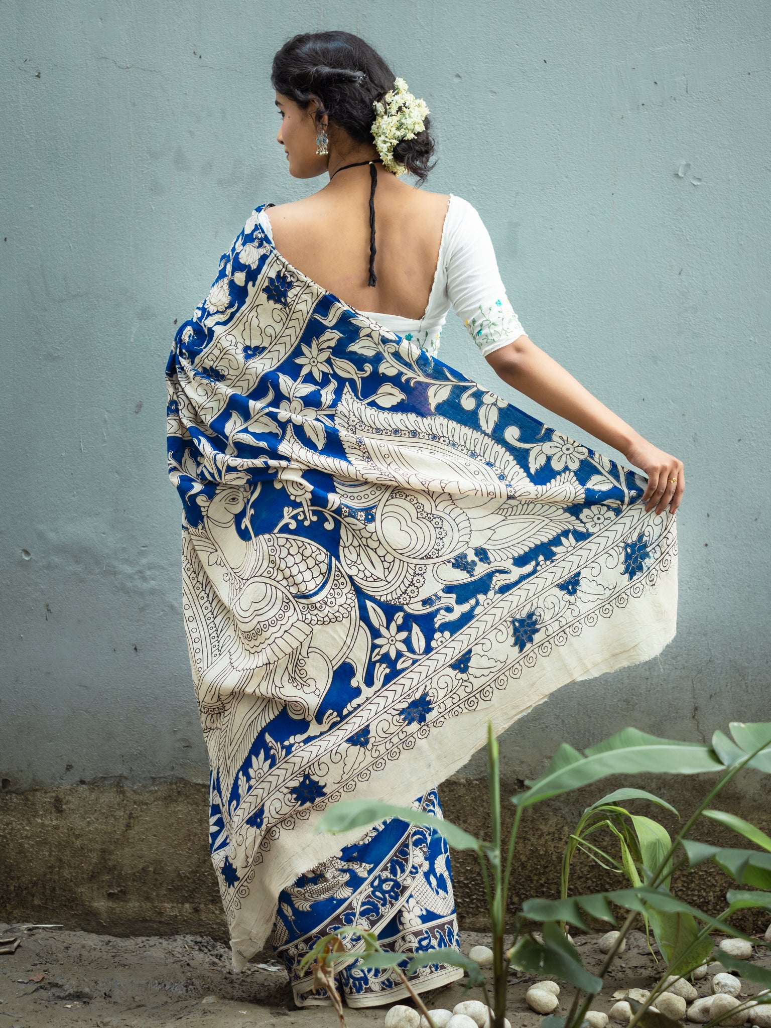 Midnight Kantha Kalamkari Cotton Saree