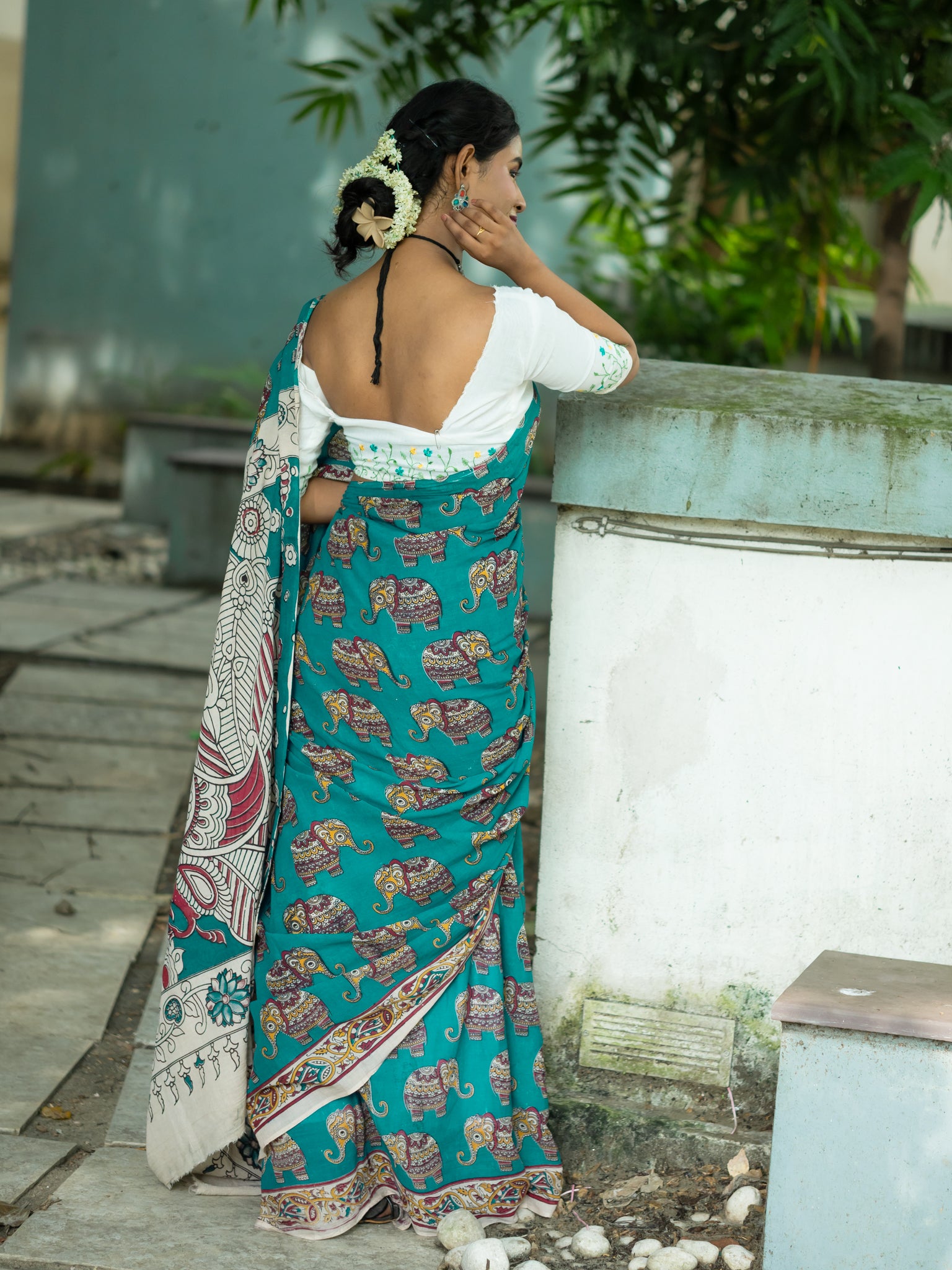Aqua Elephant Motifs Kalamkari Cotton Saree