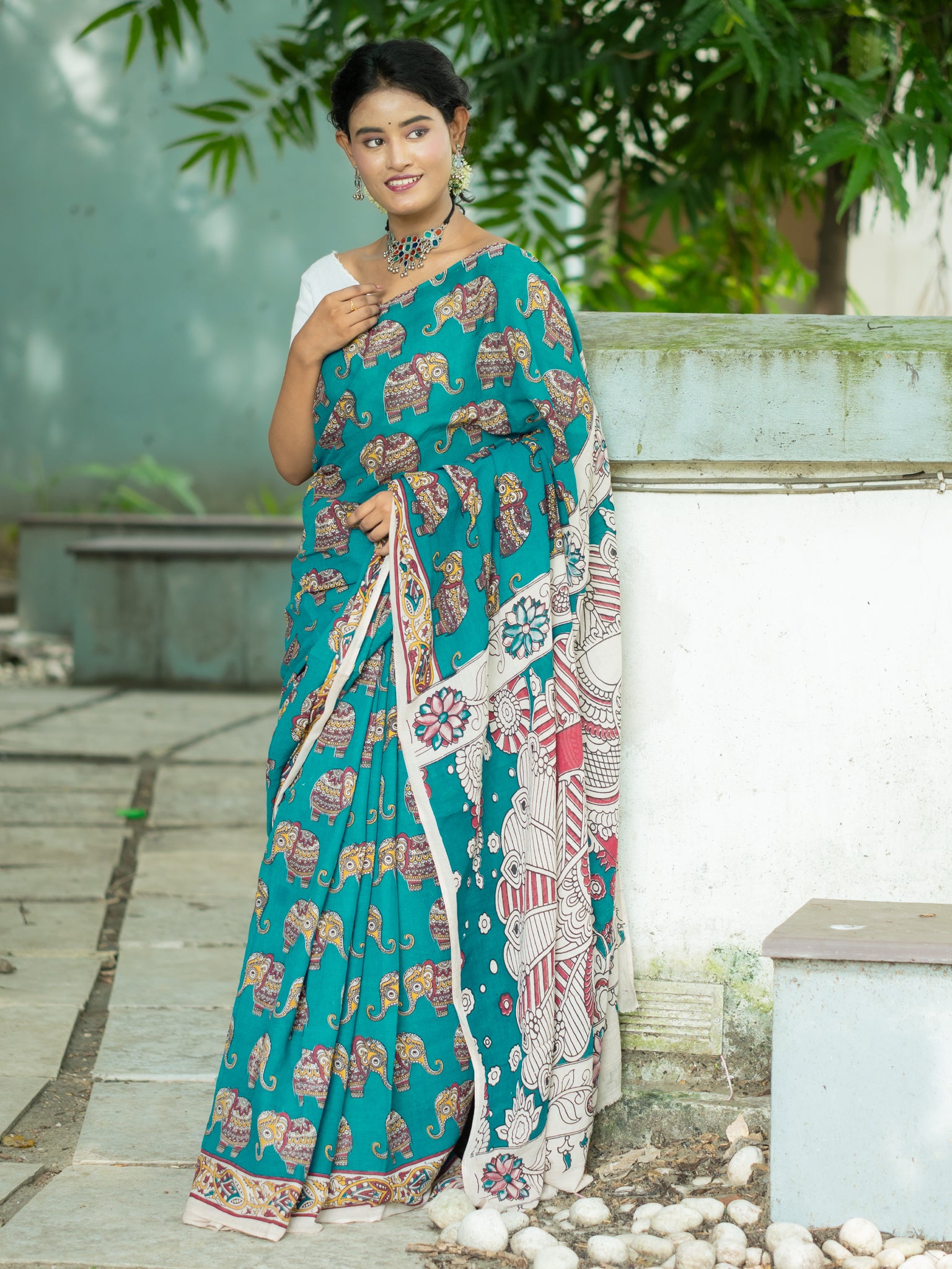 Aqua Elephant Motifs Kalamkari Cotton Saree