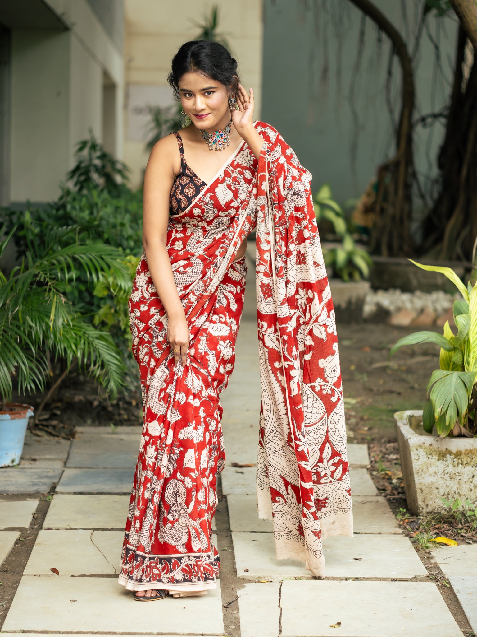 Rongaboti Bandha Kalamkari Cotton Saree