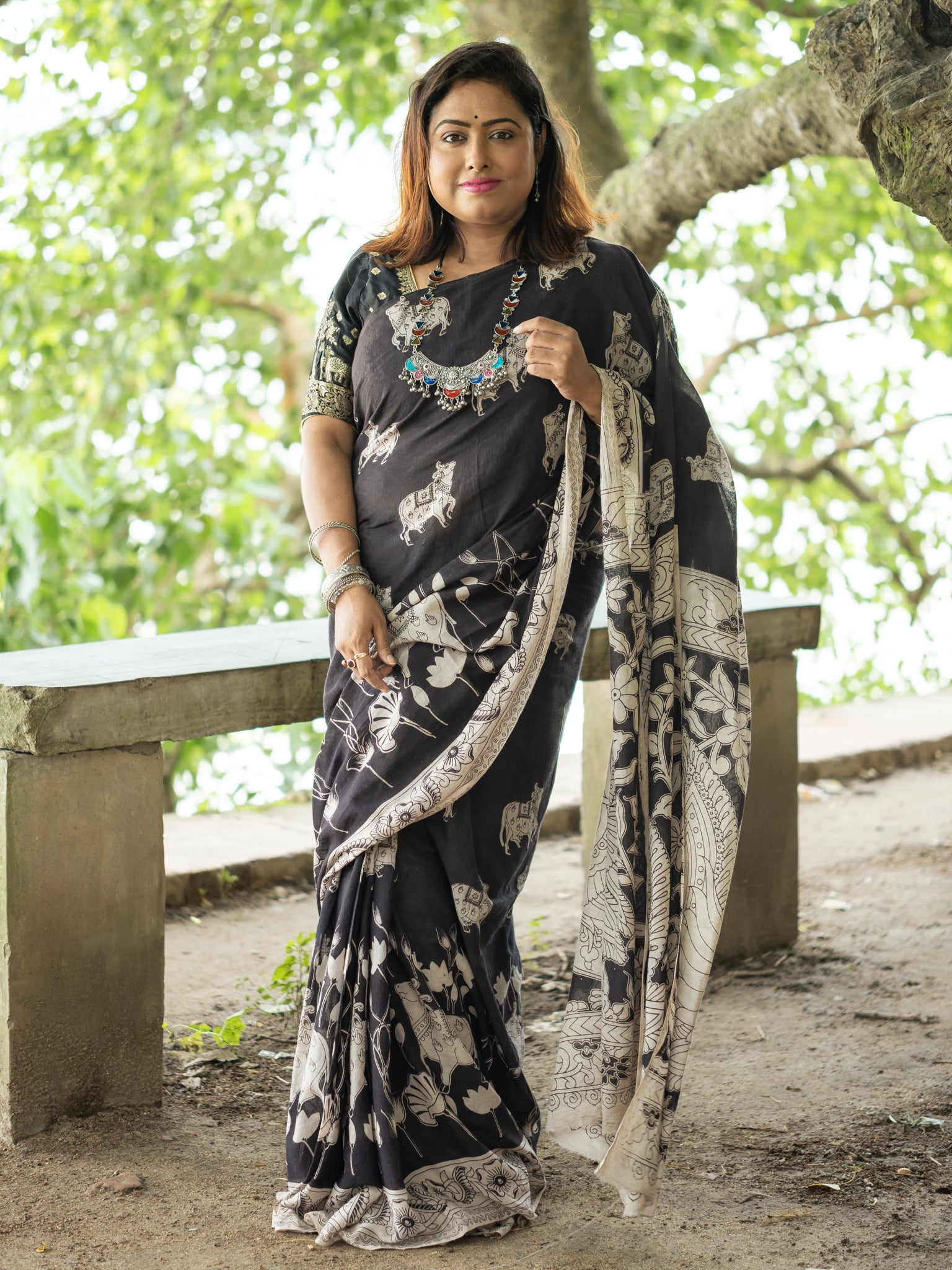 Black Nandi Kalamkari Cotton Saree