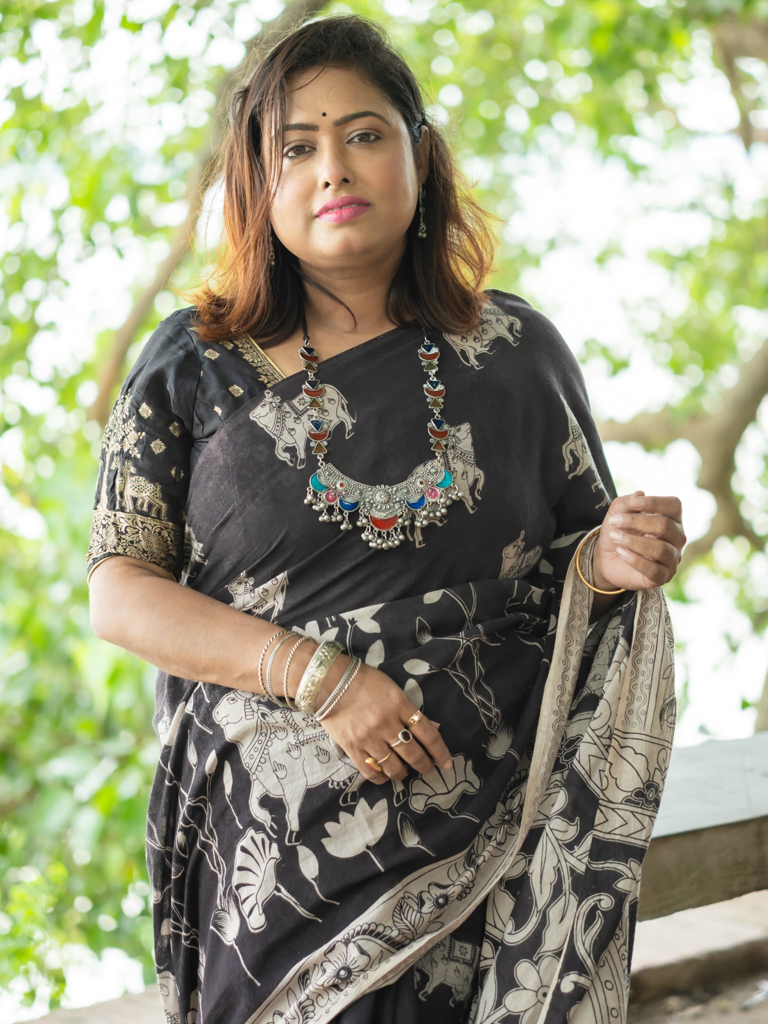 Black Nandi Kalamkari Cotton Saree