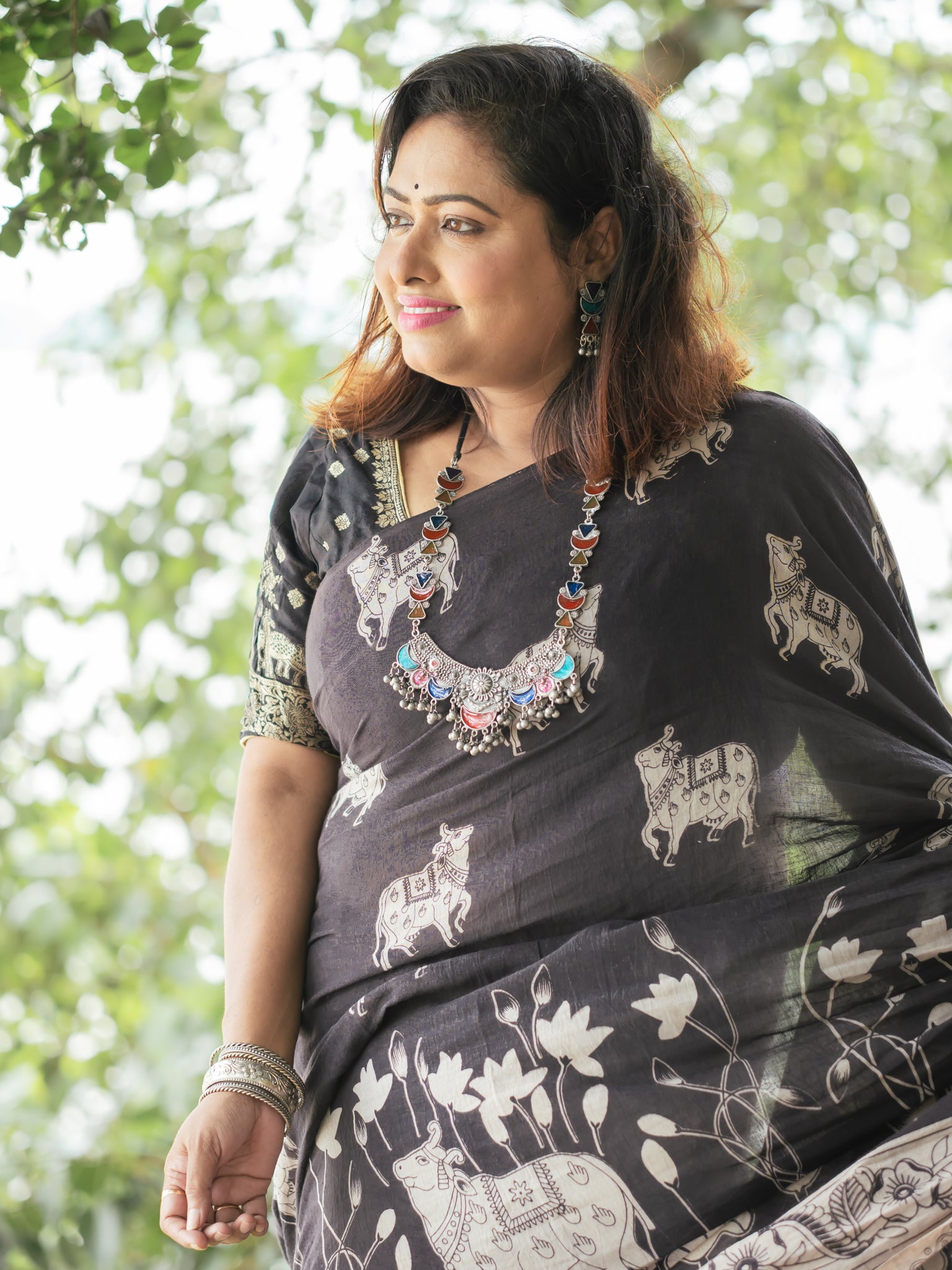 Black Nandi Kalamkari Cotton Saree