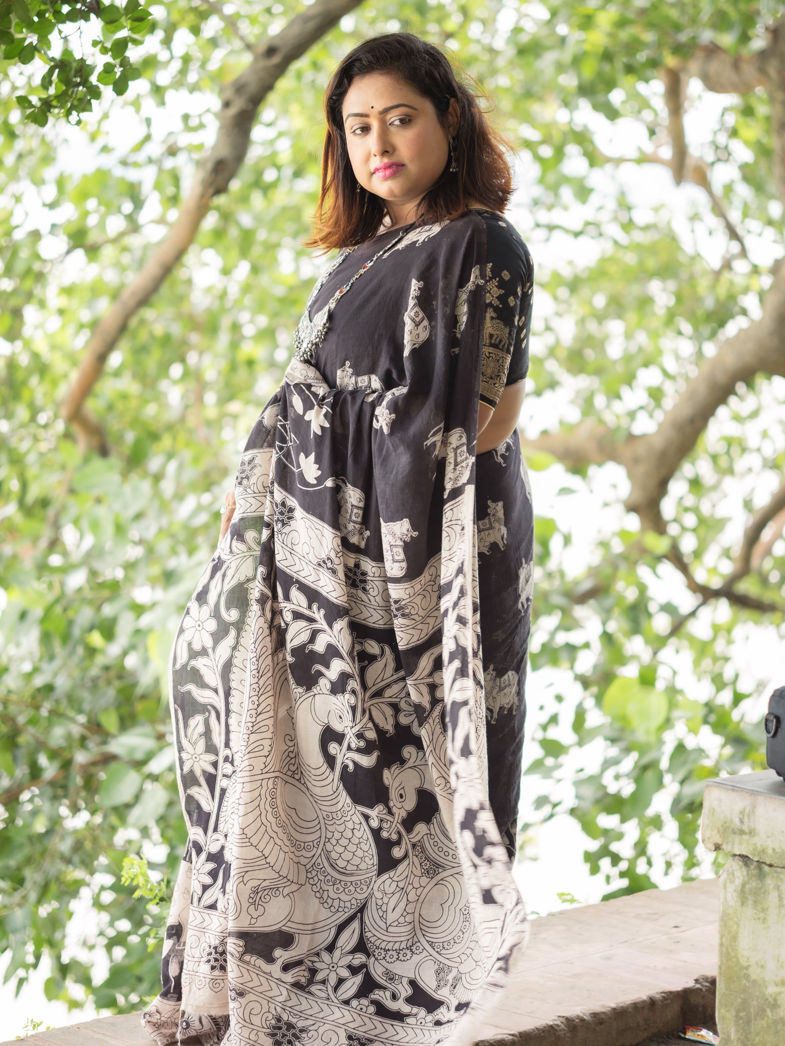 Black Nandi Kalamkari Cotton Saree
