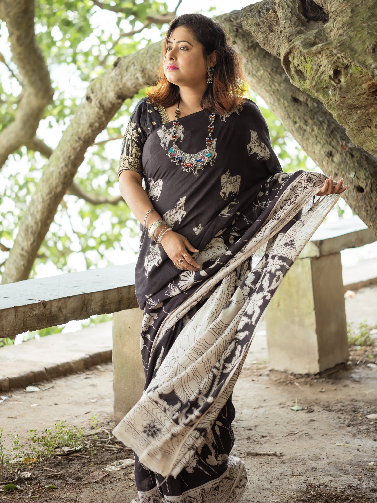 Black Nandi Kalamkari Cotton Saree