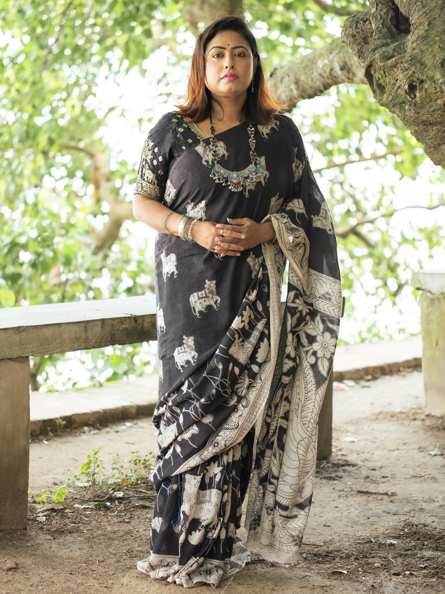 Black Nandi Kalamkari Cotton Saree