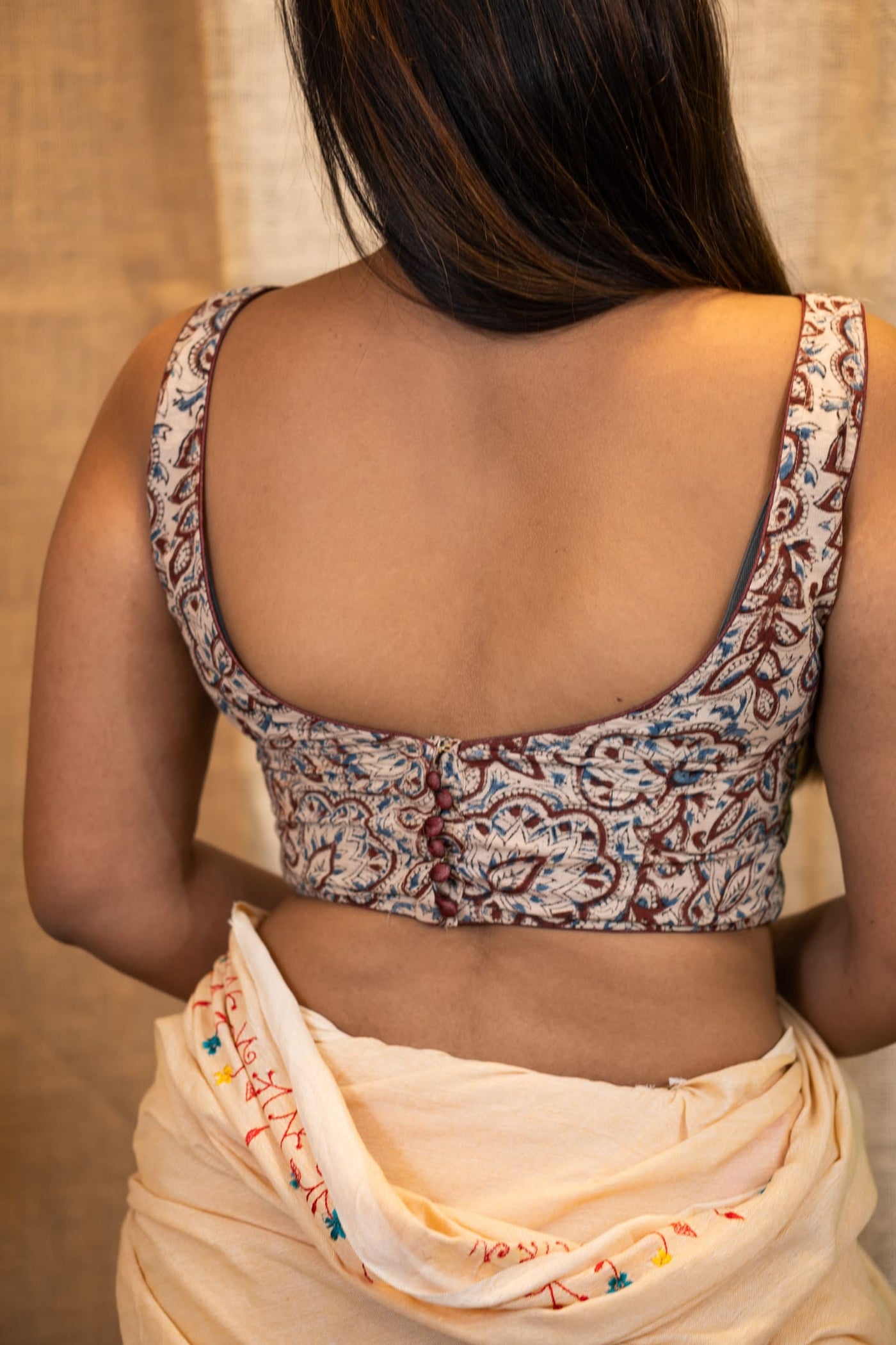 Kalamkari Sleeveless Cotton Saree Blouse