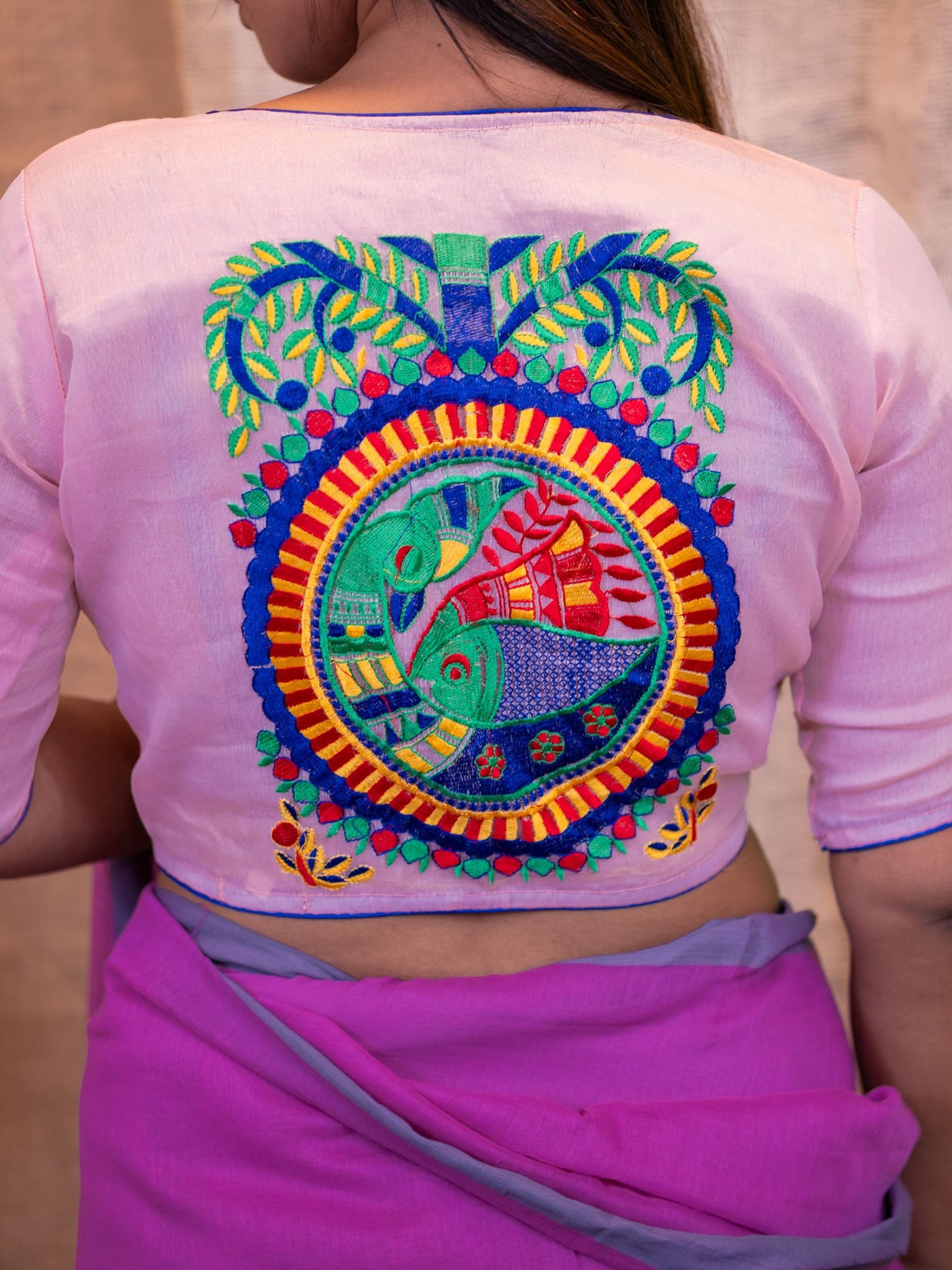 Ethnic-Motifs Embroidered Cotton Saree Blouse