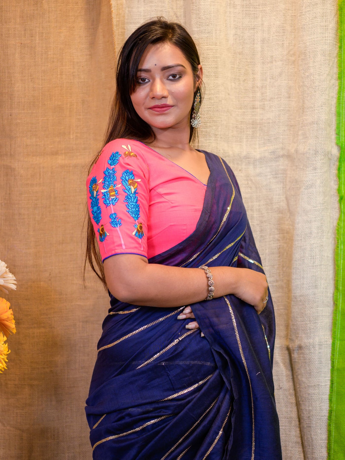 Hand-Embroidered Cotton V-Neck Saree Blouse