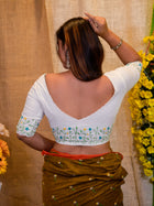 Hand-Embroidered Cotton White Saree Blouse