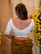 Hand-Embroidered Cotton White Saree Blouse
