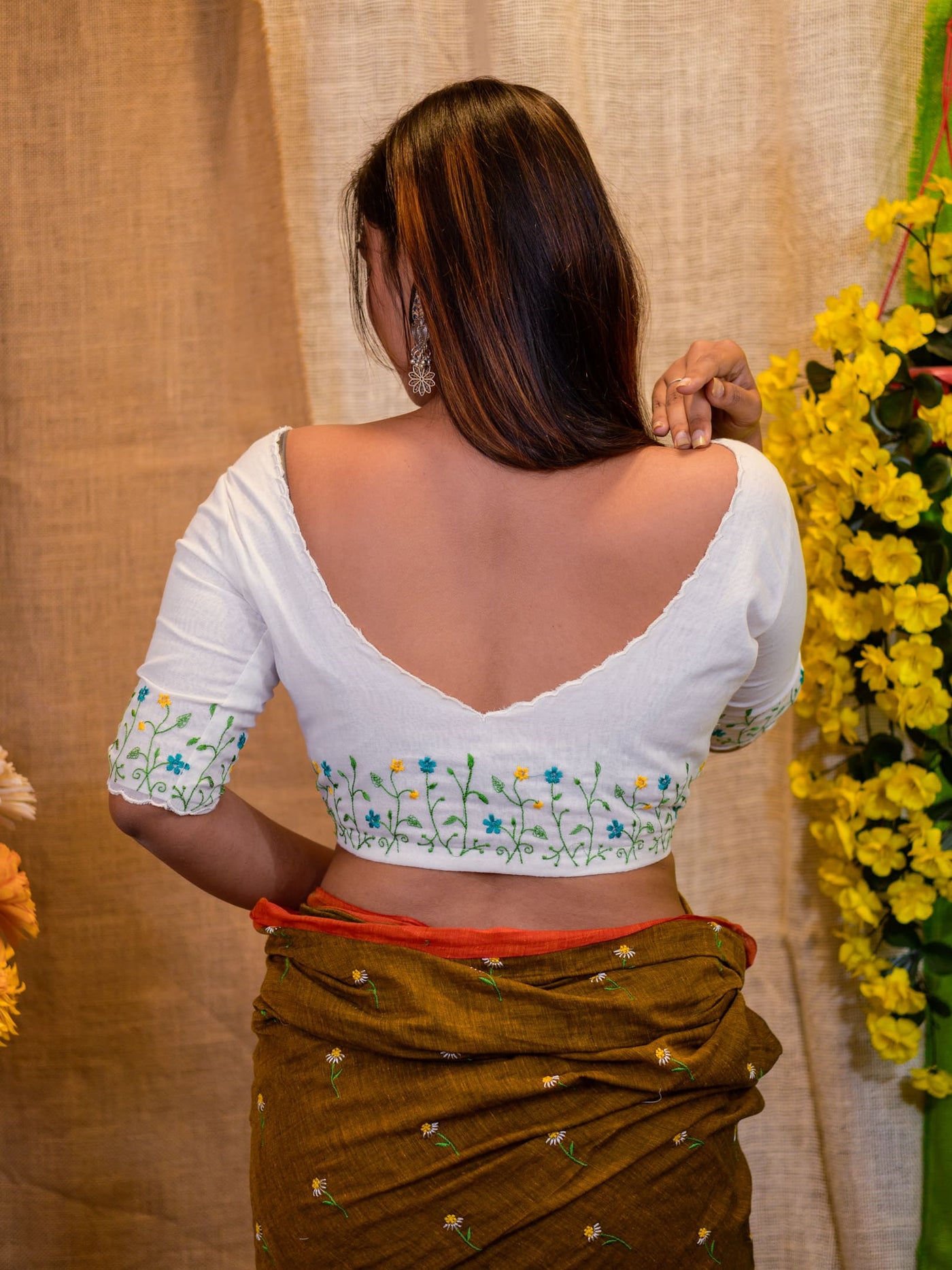 Hand-Embroidered Cotton White Saree Blouse