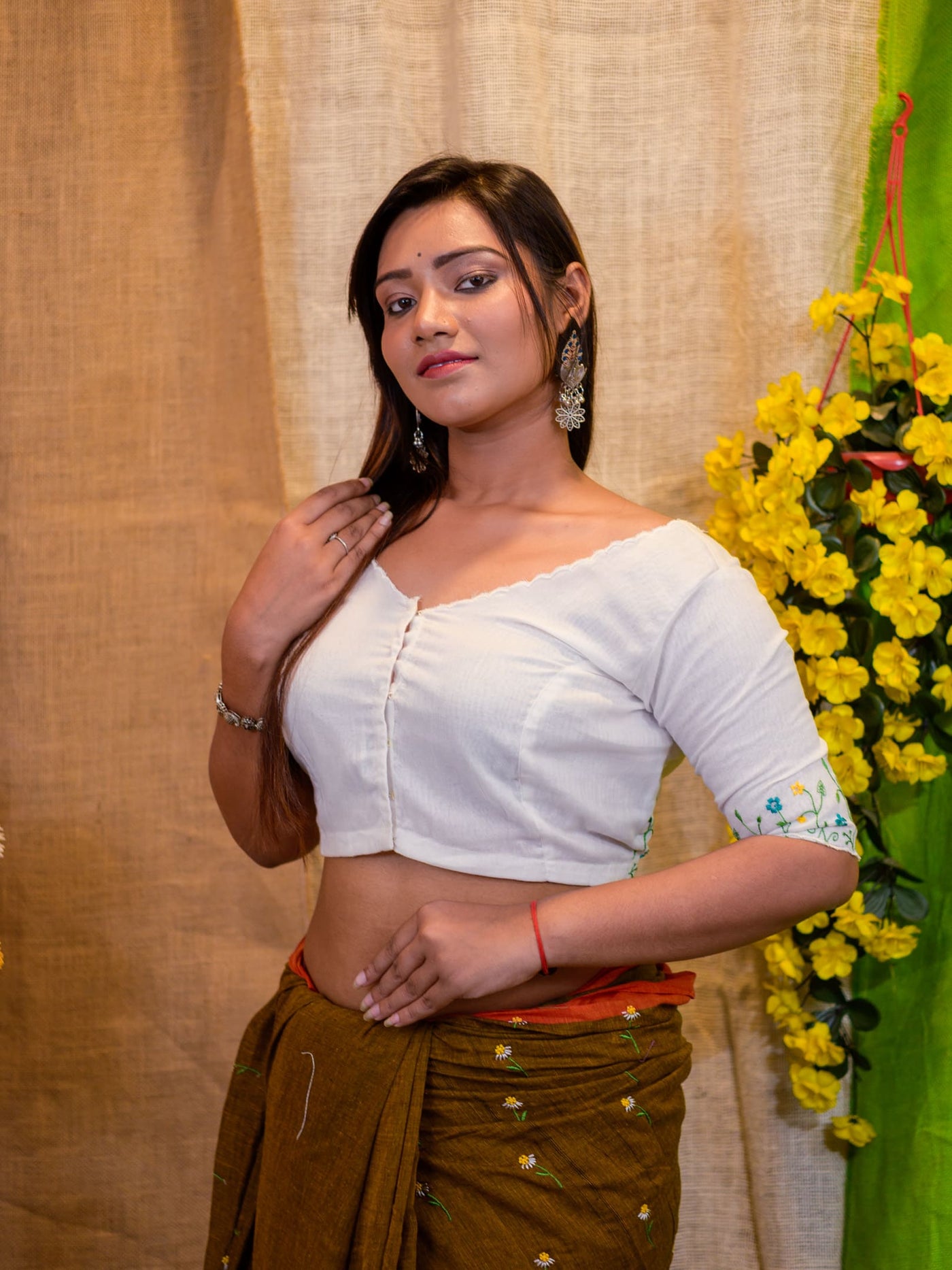 Hand-Embroidered Cotton White Saree Blouse