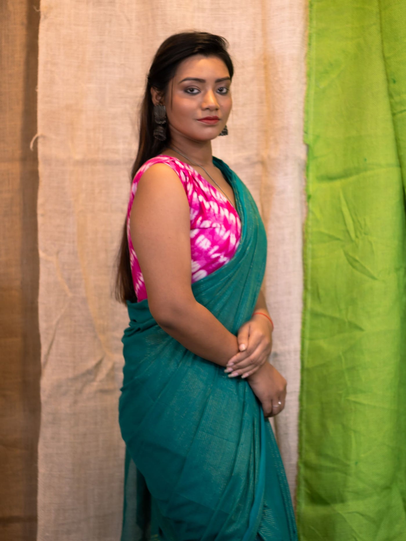Printed Cotton V Neck Pink Saree Blouse