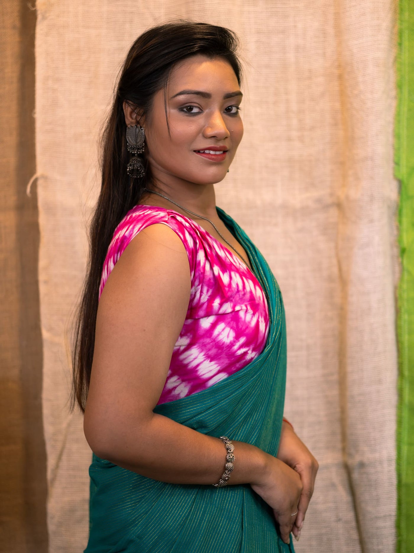 Printed Cotton V Neck Pink Saree Blouse