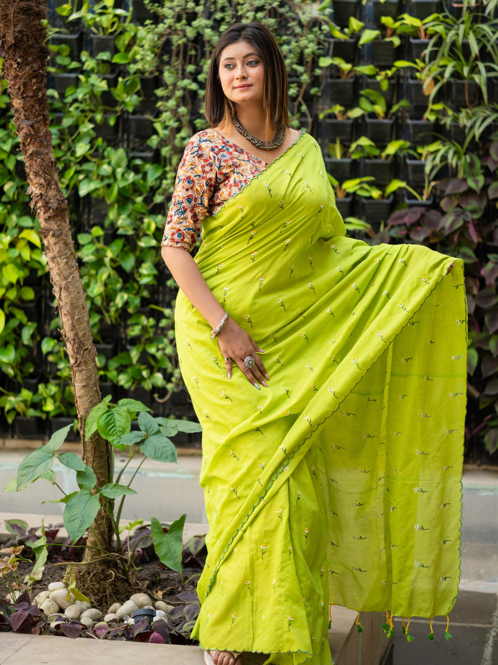 Lime flower khadi embroidered Saree