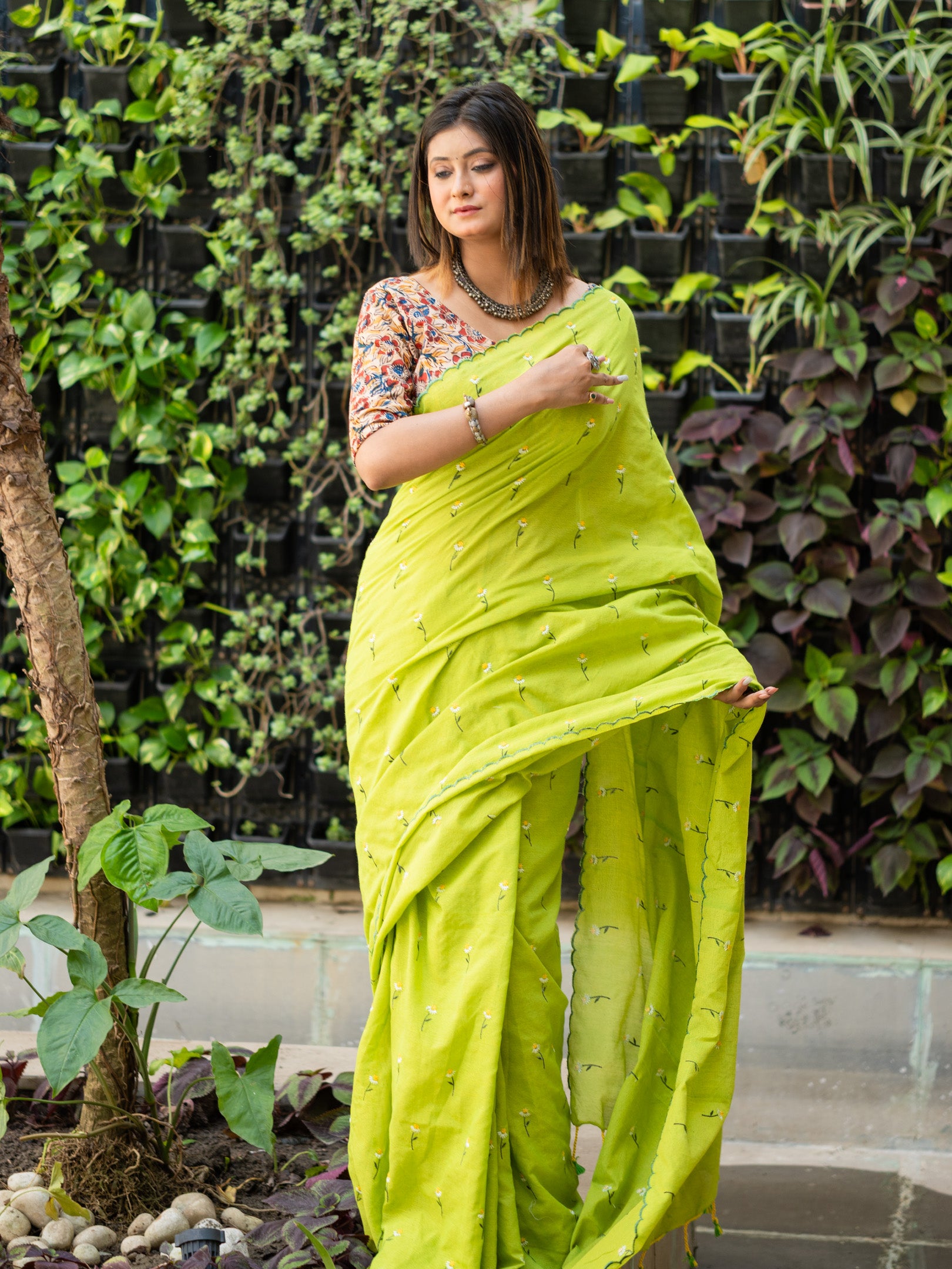 Lime flower khadi embroidered Saree