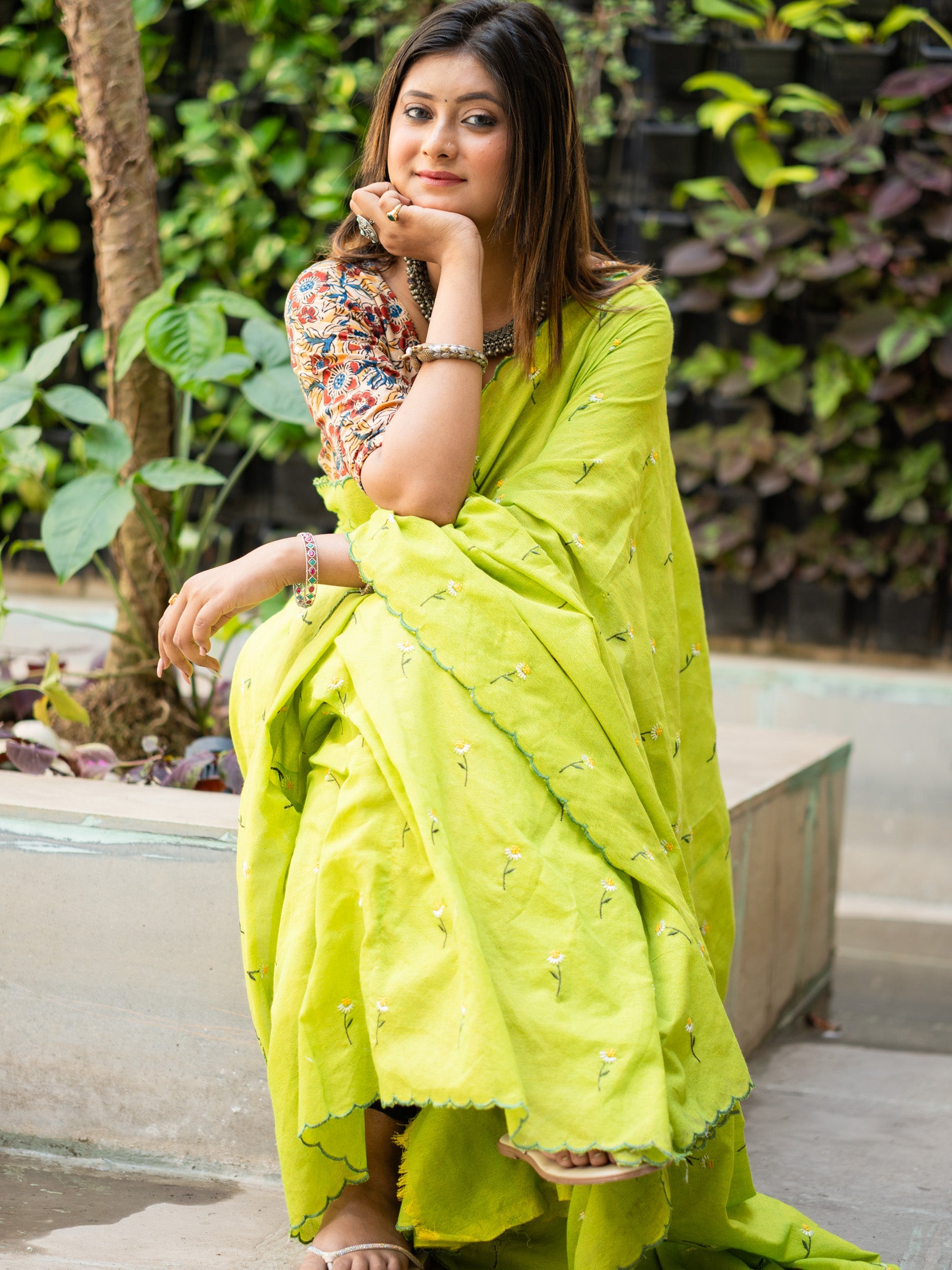 Lime flower khadi embroidered Saree