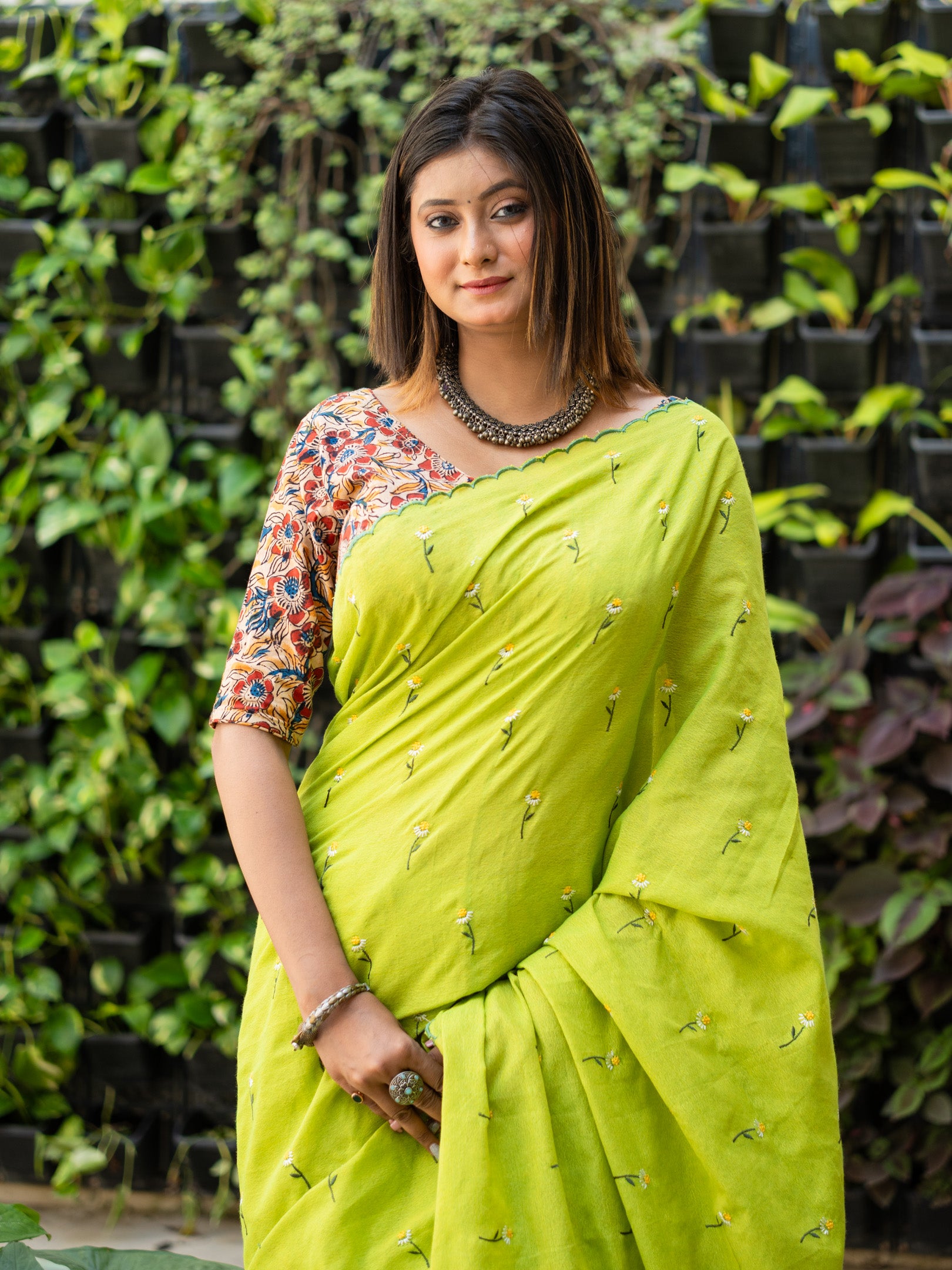 Lime flower khadi embroidered Saree