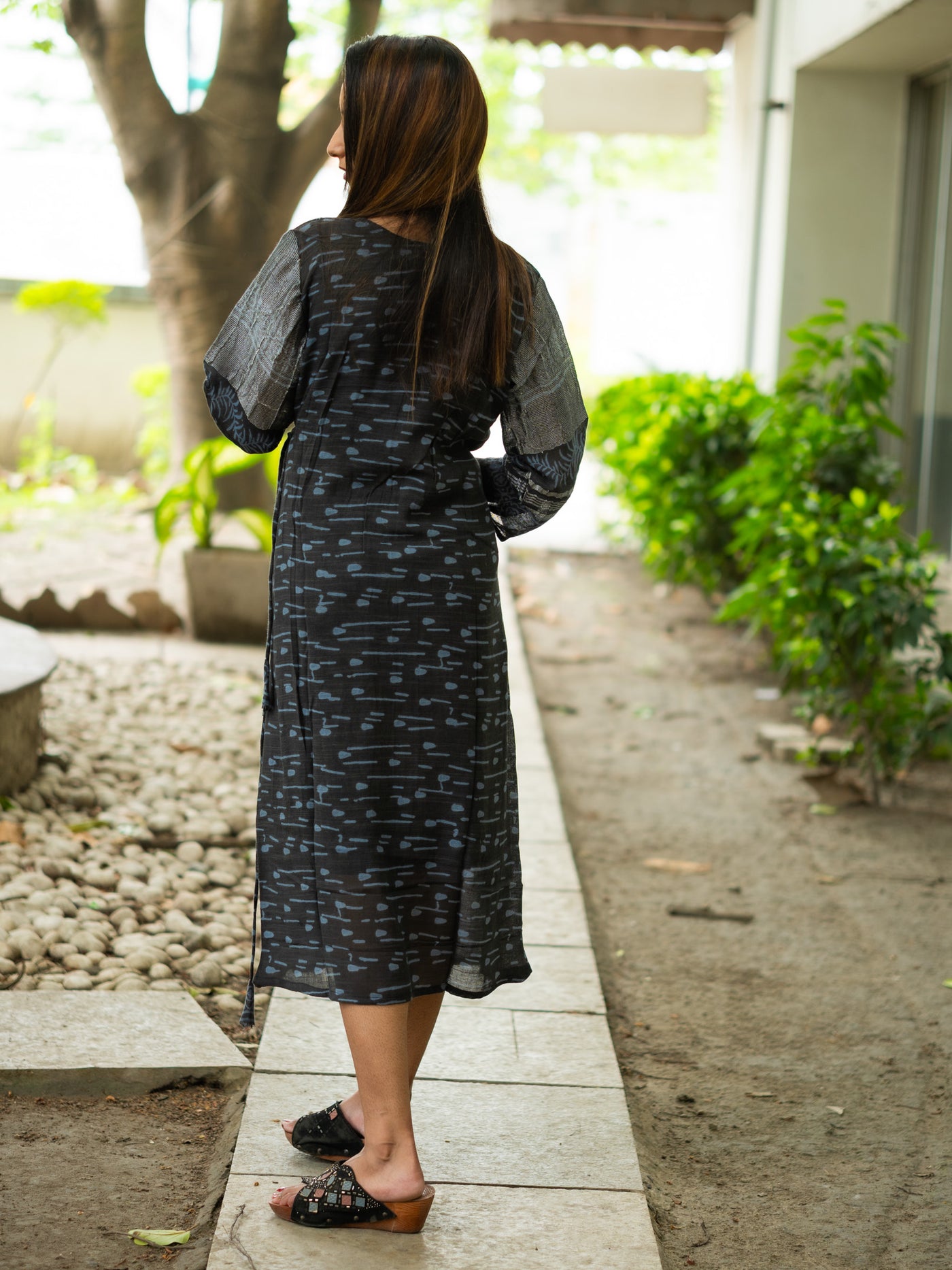 Black Satin Linen Cotton Dress - Uttariya