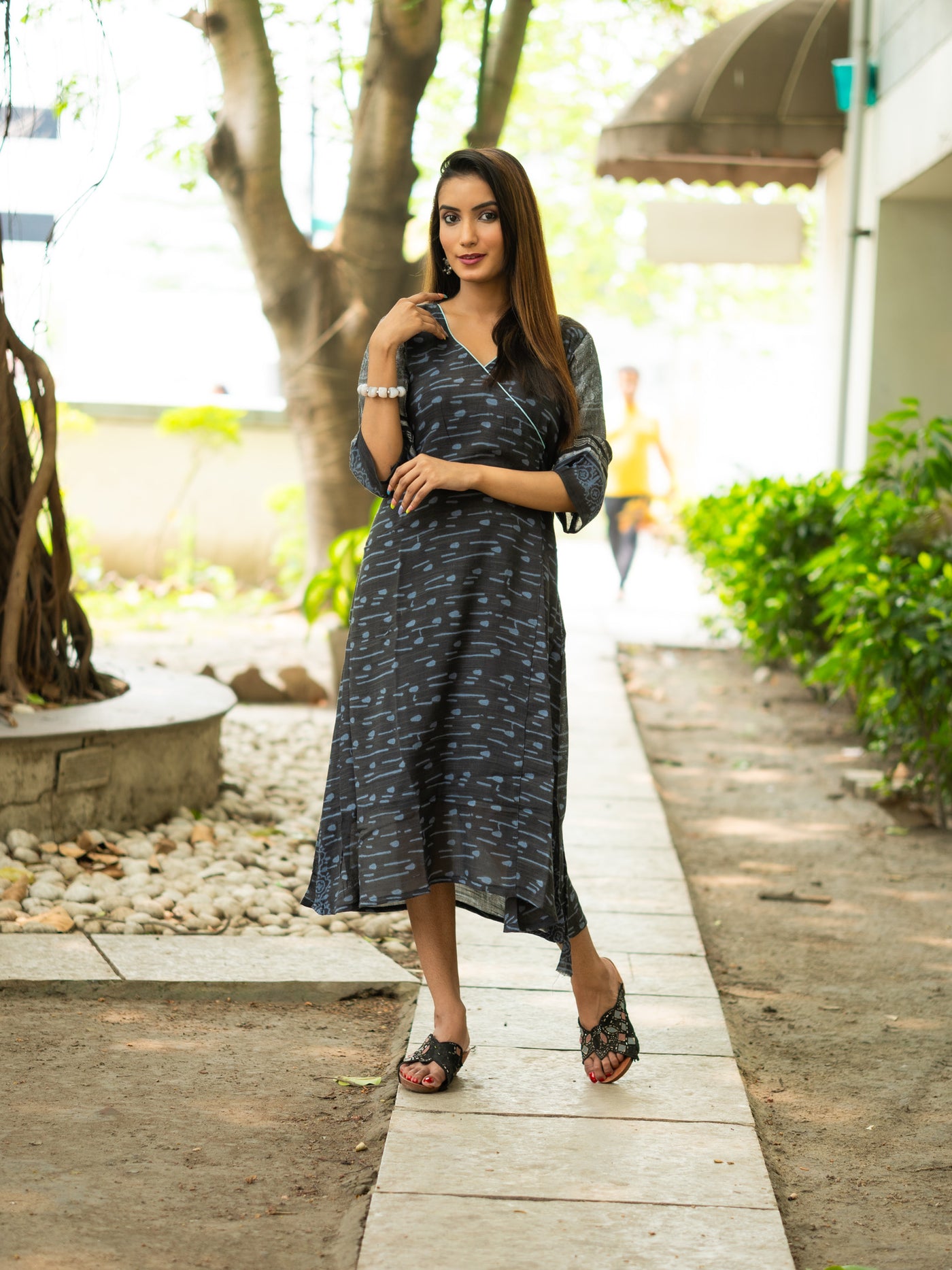 Black Satin Linen Cotton Dress - Uttariya