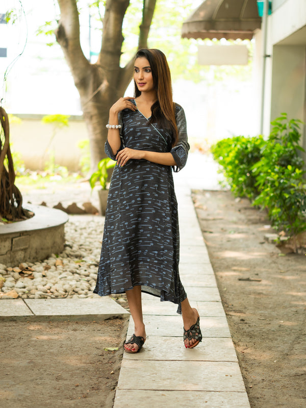 Black Satin Linen Cotton Dress - Uttariya