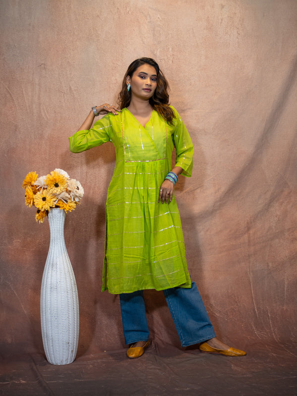 Verde Lemon Green Gilded Sequence Cotton Kurta