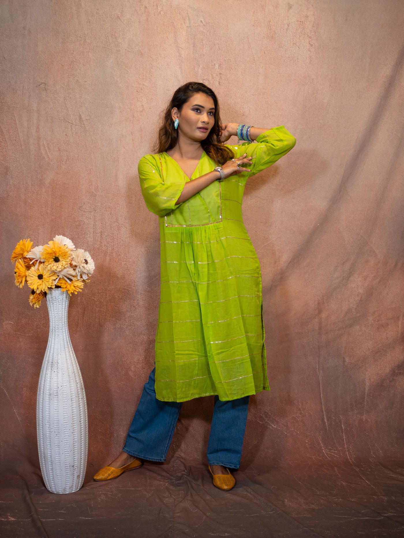 Verde Lemon Green Gilded Sequence Cotton Kurta