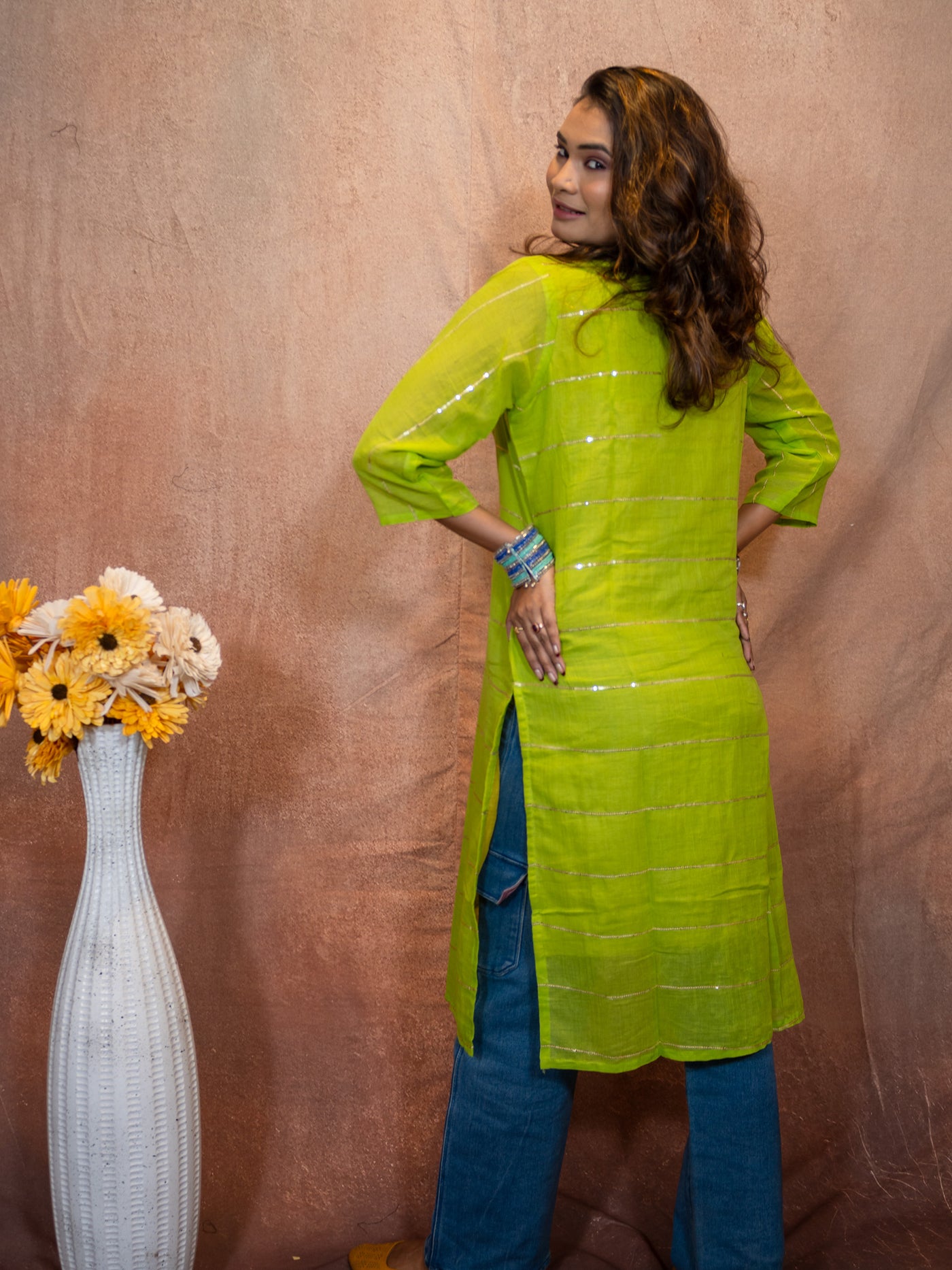 Verde Lemon Green Gilded Sequence Cotton Kurta