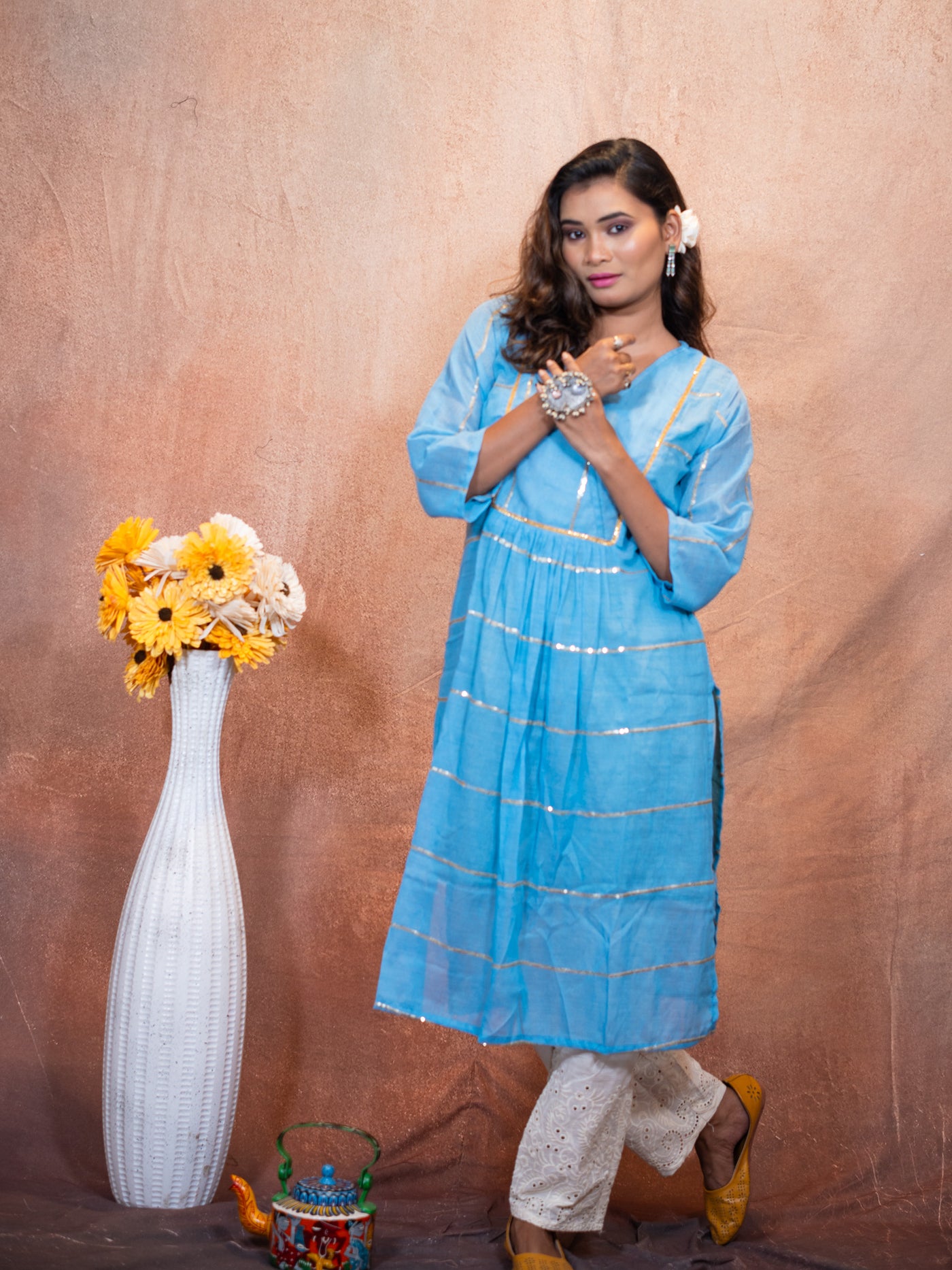 Azure Blue Sequence Cotton Kurta - Uttariya
