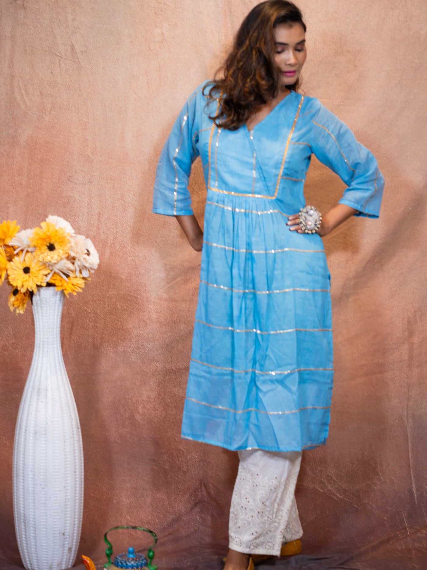 Azure Blue Sequence Cotton Kurta - Uttariya