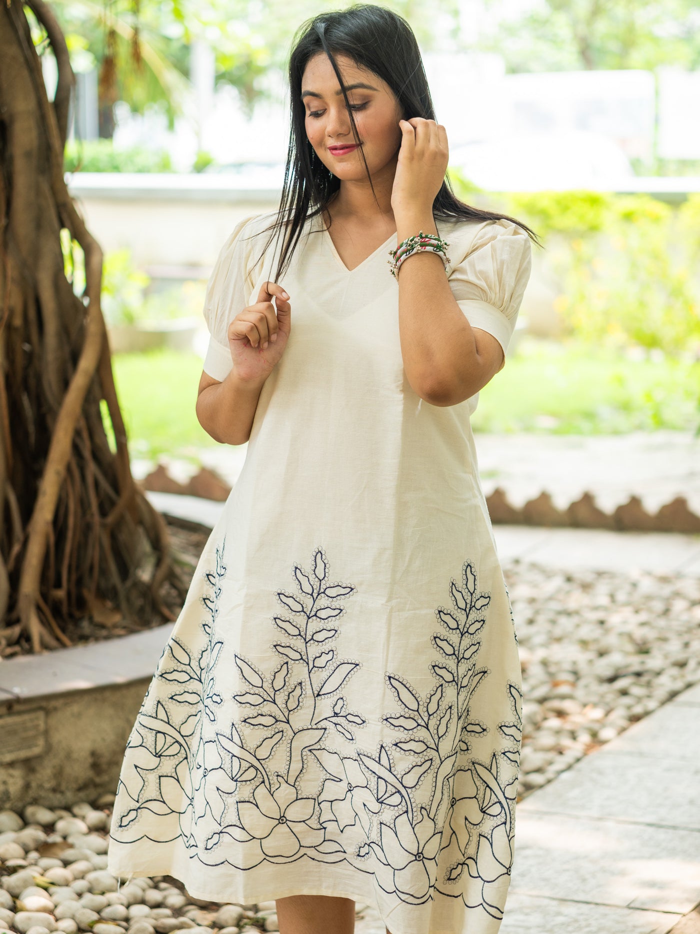 Snow‑White with Navy Floral Handwork Cotton Dress - Uttariya
