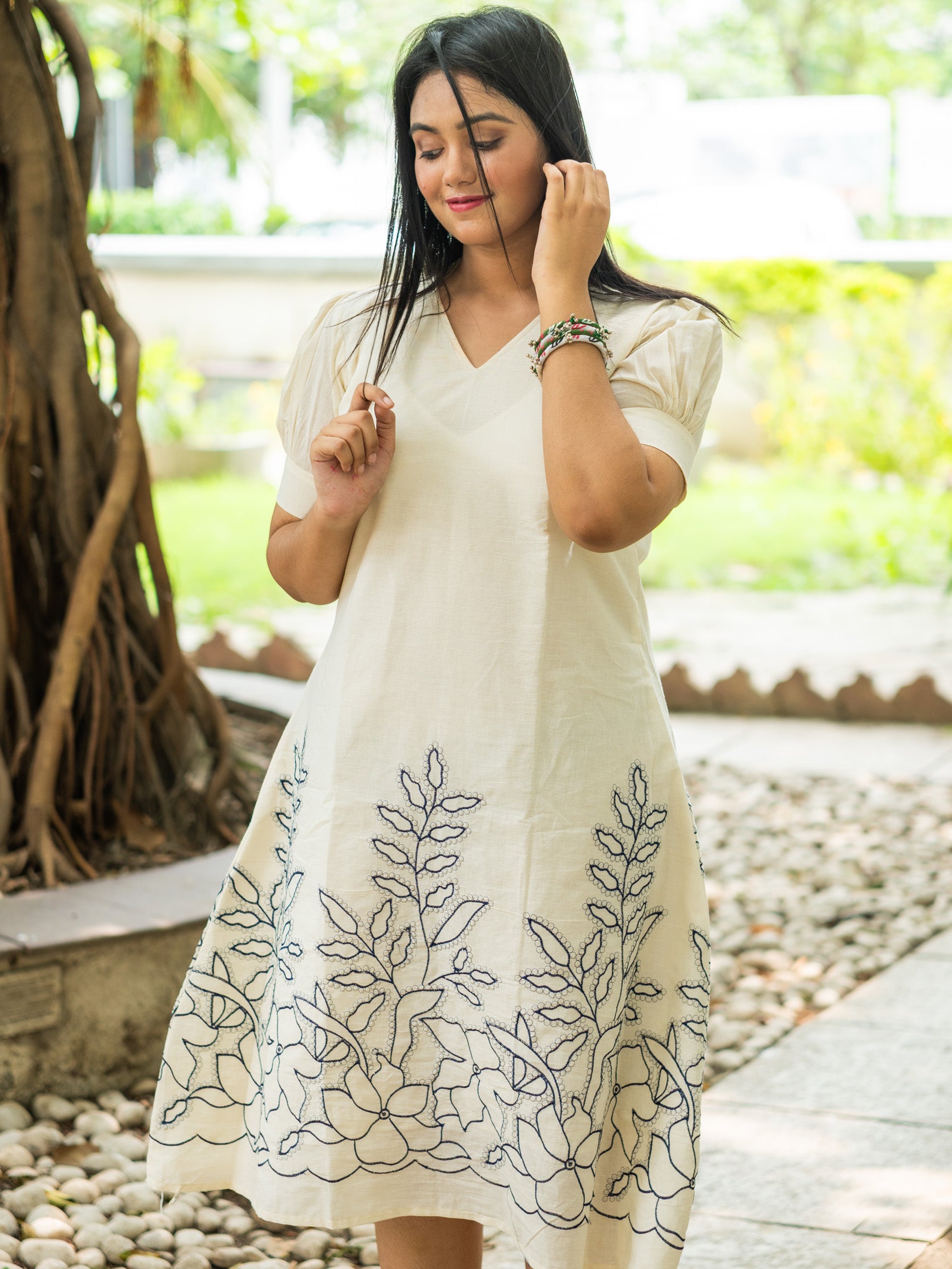 Snow‑White with Navy Floral Handwork Cotton Dress