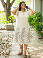 Snow‑White with Navy Floral Handwork Cotton Dress - Uttariya