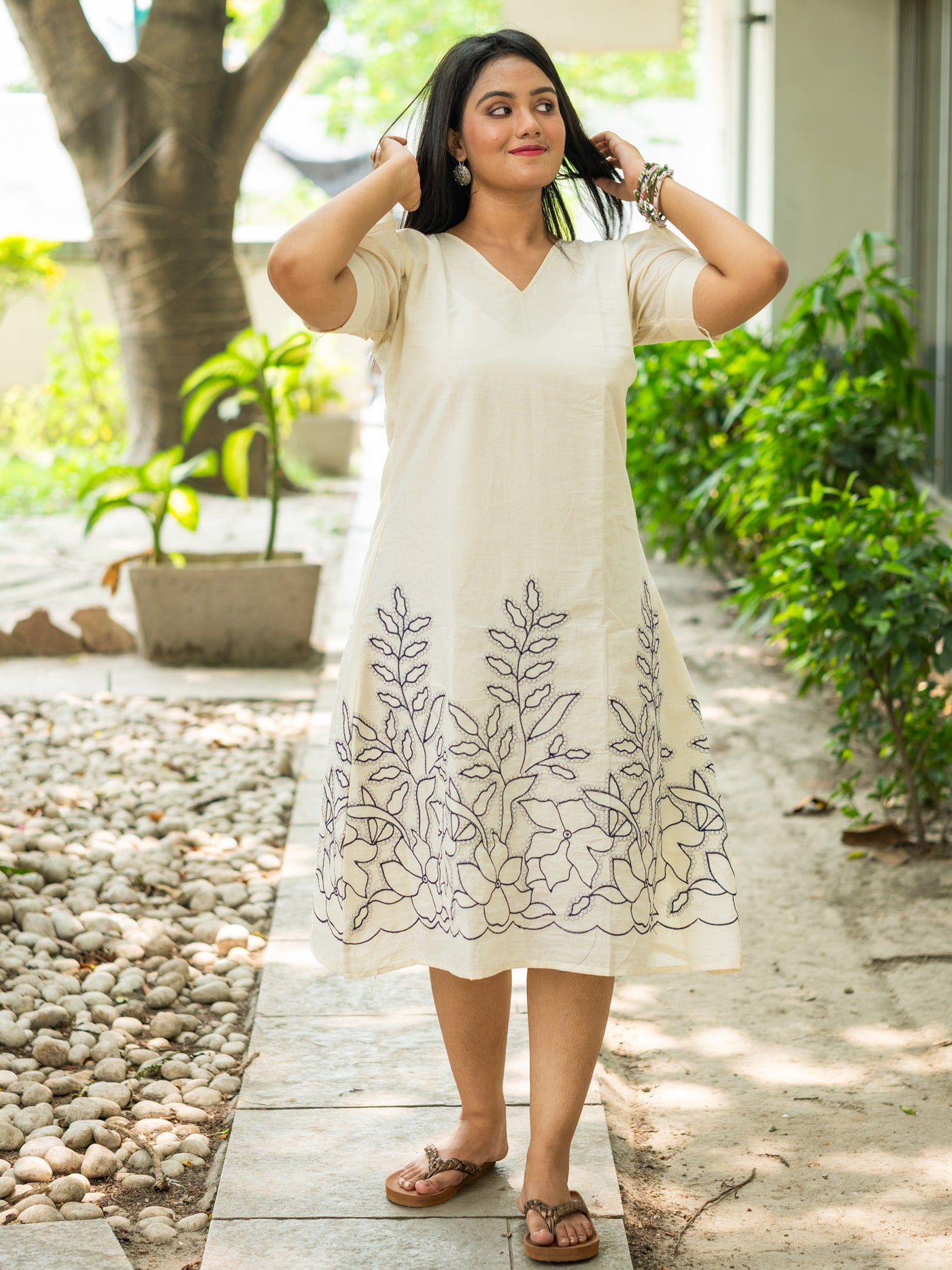 Snow‑White with Navy Floral Handwork Cotton Dress - Uttariya