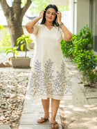 Snow‑White with Navy Floral Handwork Cotton Dress - Uttariya
